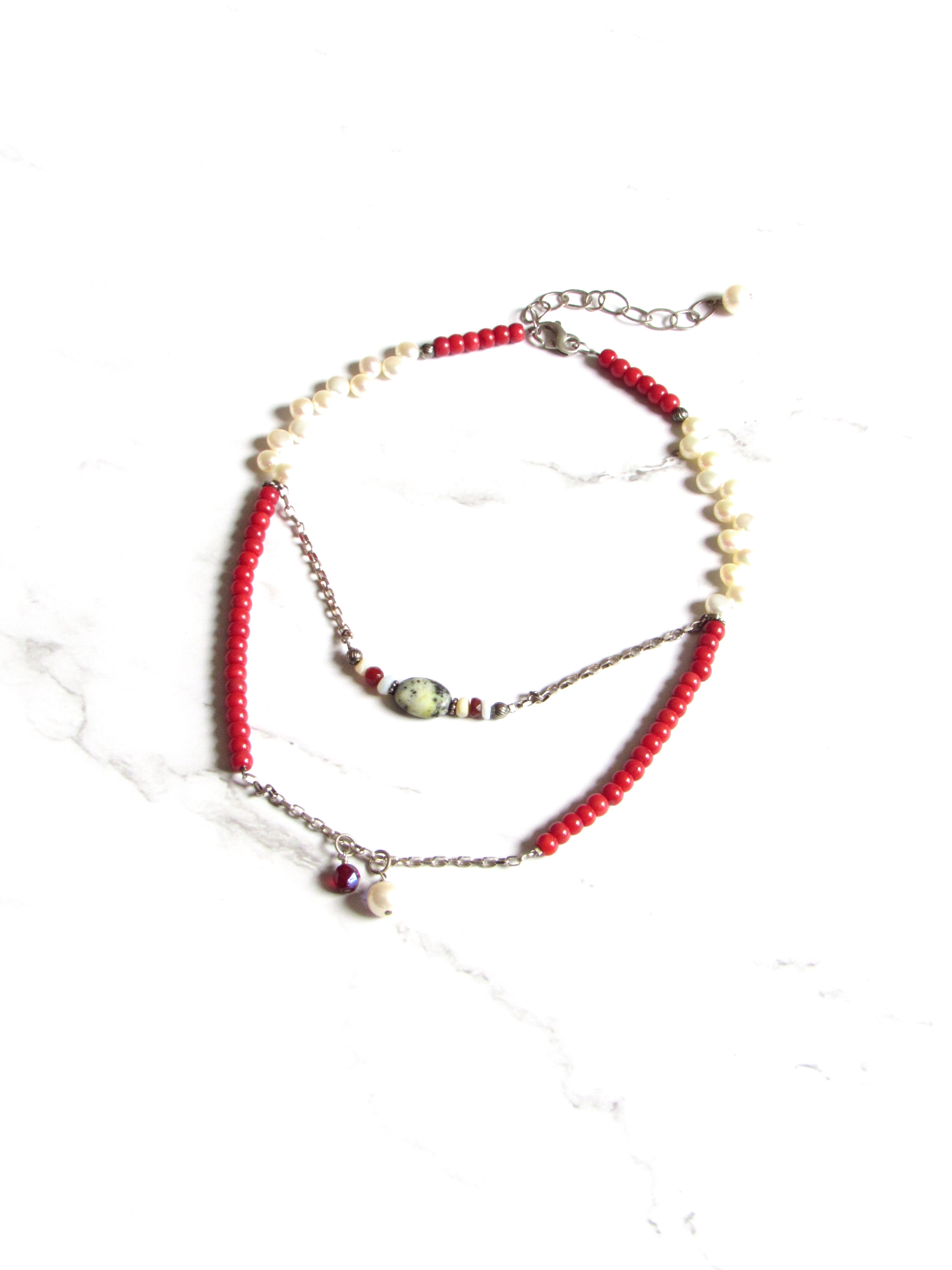 Vintage Natural Pearl Coral Beads Layer Necklace