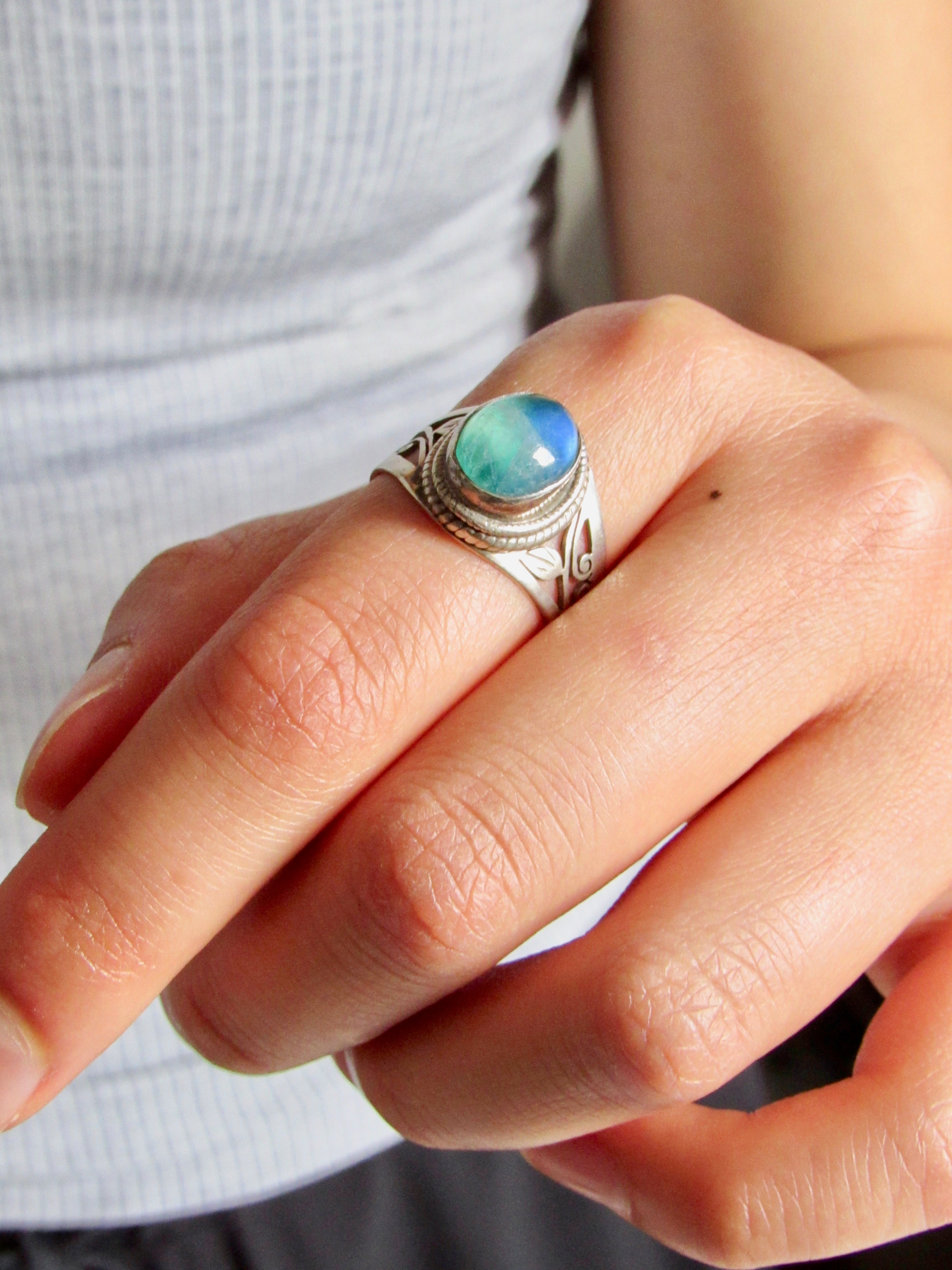 Oval Cabochon Green Moonstone Silver Statement Ring