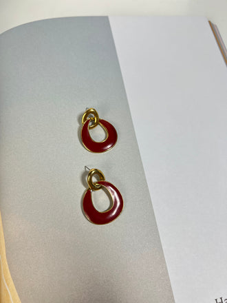 Vintage Red Enamel Circle Gold Statement Earrings