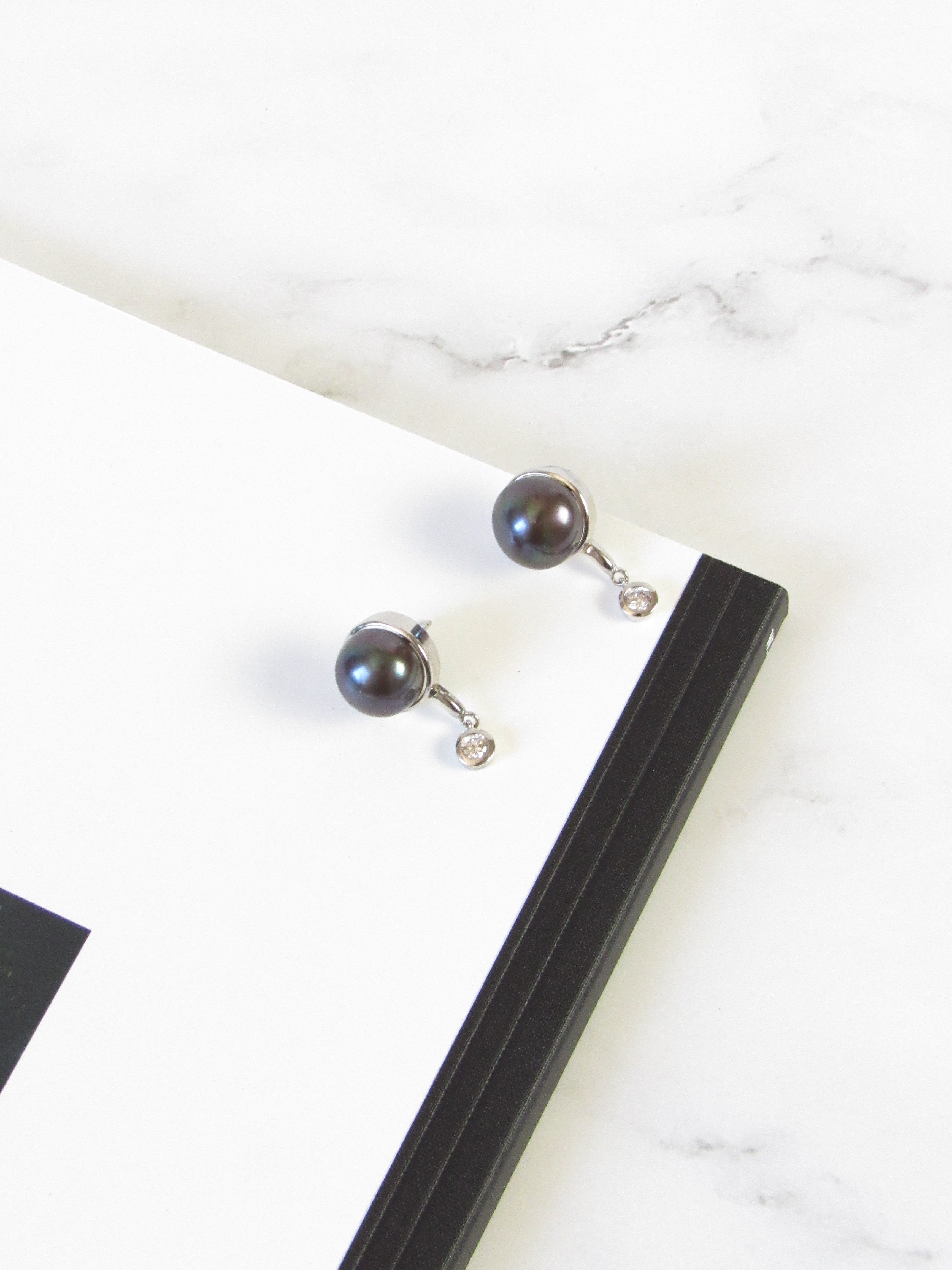 Round Black Pearl Silver Statement Earrings