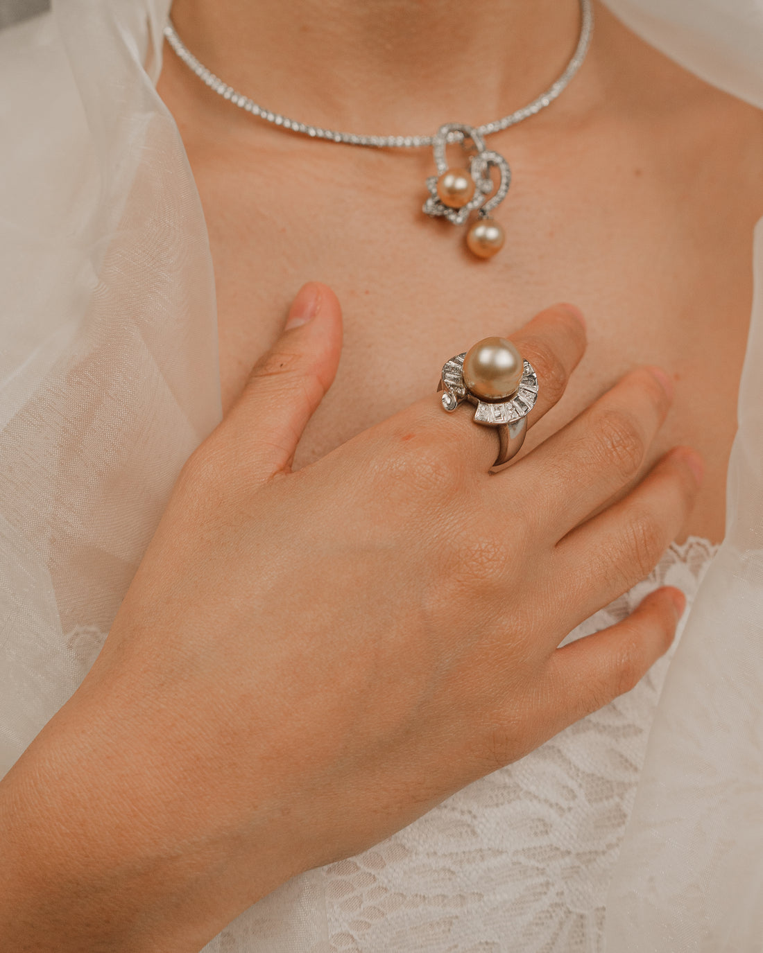 Golden South Sea Pearl & Diamond 18K White Gold Ring