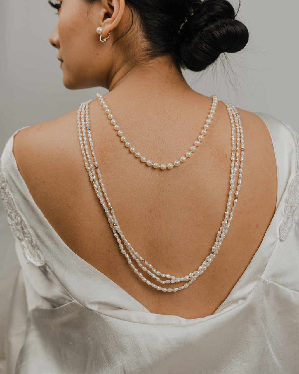 Three Strand Long String Pearl Necklace