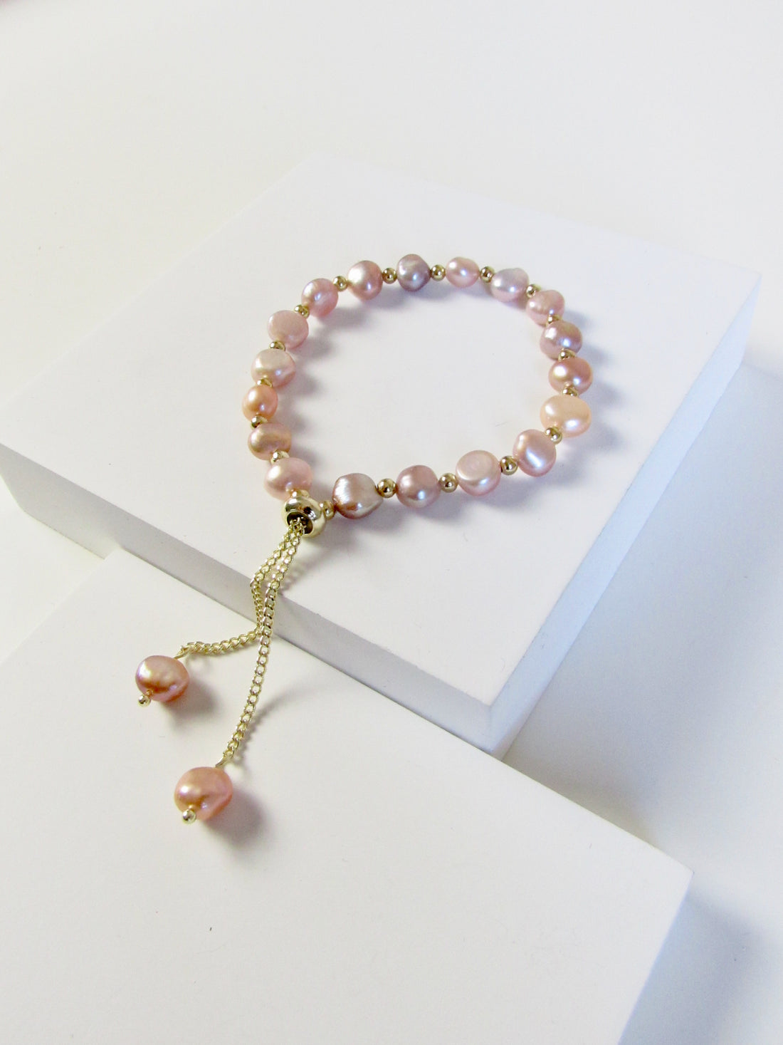 Rose Pink Genuine Baroque Pearl Beads Gold Bracelet