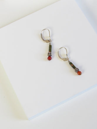 Red & Green Unakite Silver Drop Earrings
