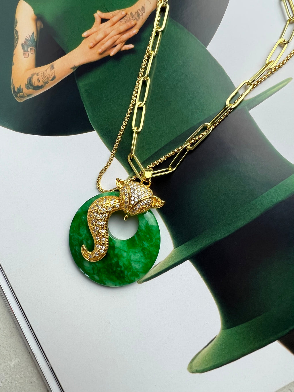 Green Lucky Donut Jade Fox Gold Pendant Necklace
