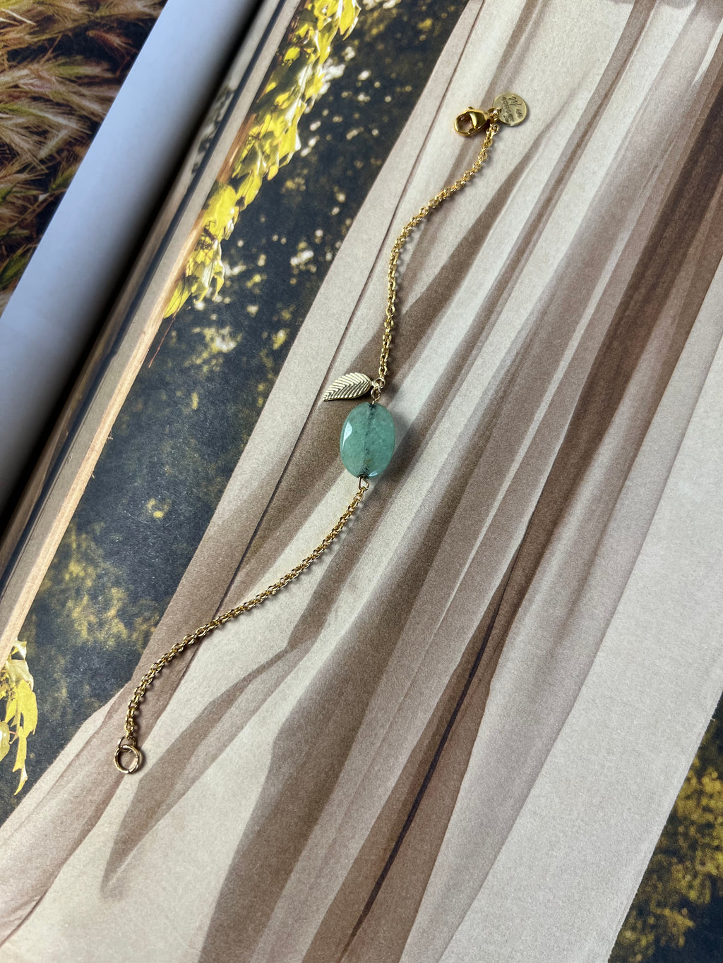 Green Oval Crystal Leaf Gold Charm Bracelet