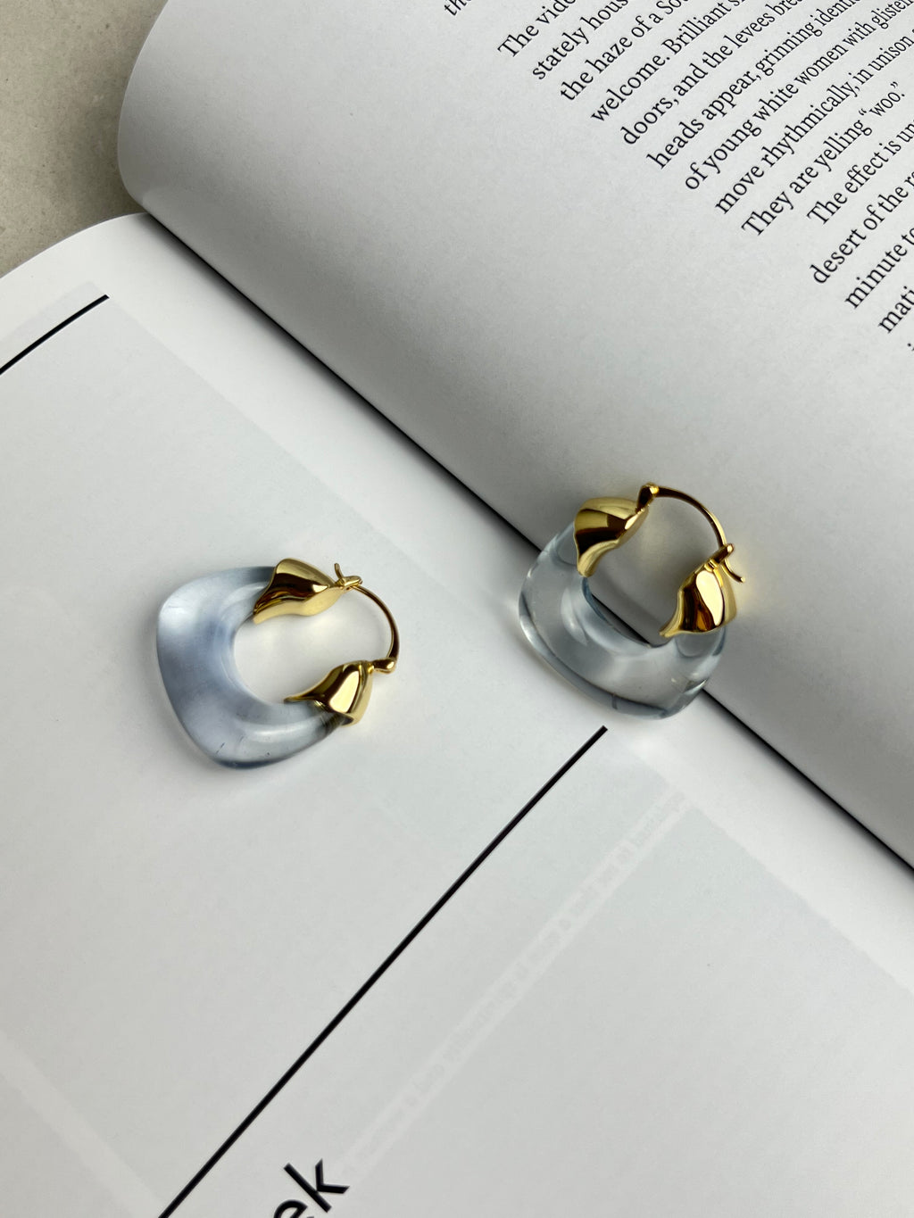 Translucent Aqua Blue Resin Gold Hoop Earrings