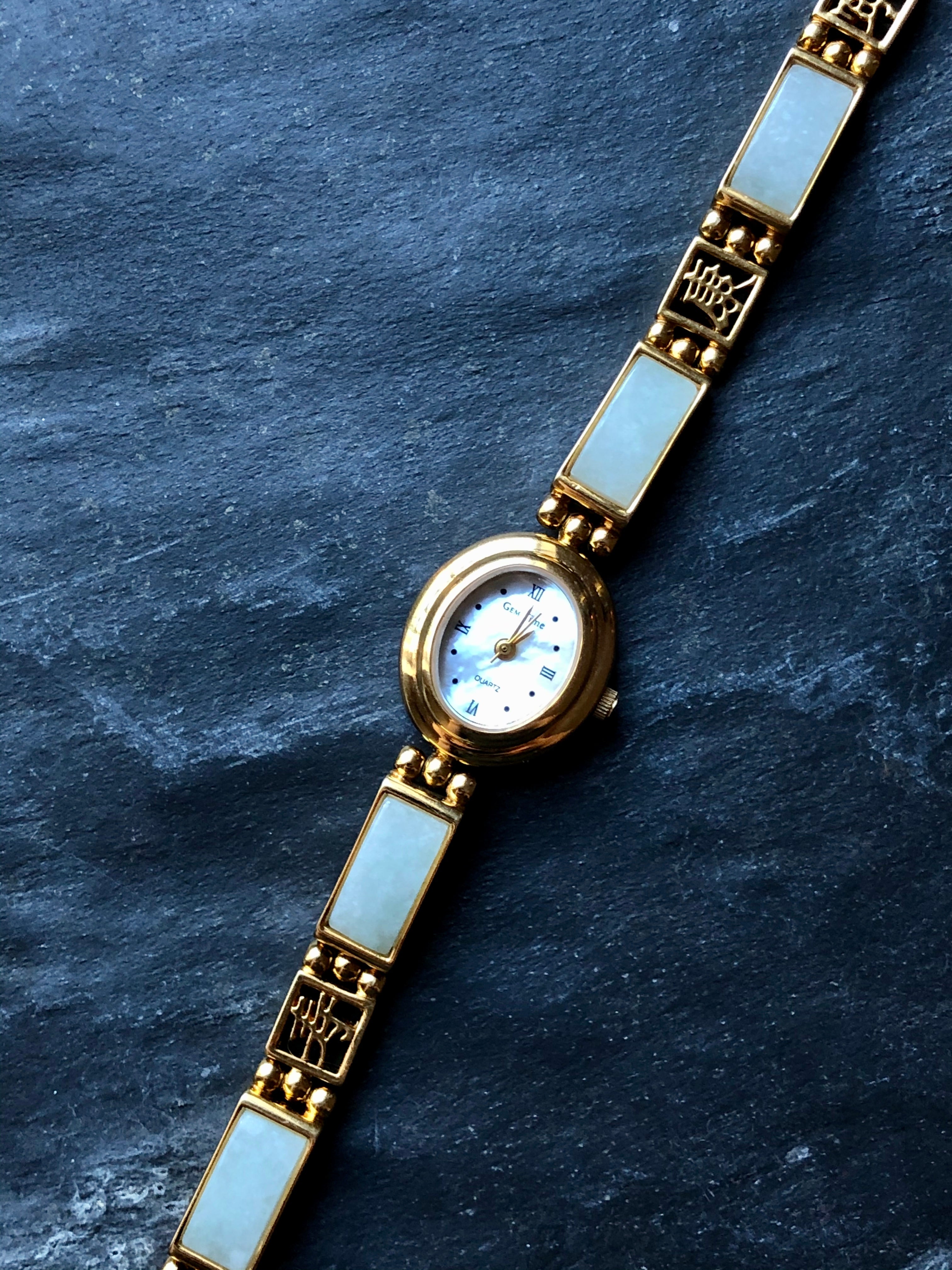 Vintage Blue Nephrite Jade Gold Ladies Watch 2