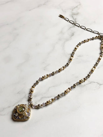 Michal Golan Diamond Pearl & Amethyst Beads Gold Pendant Necklace