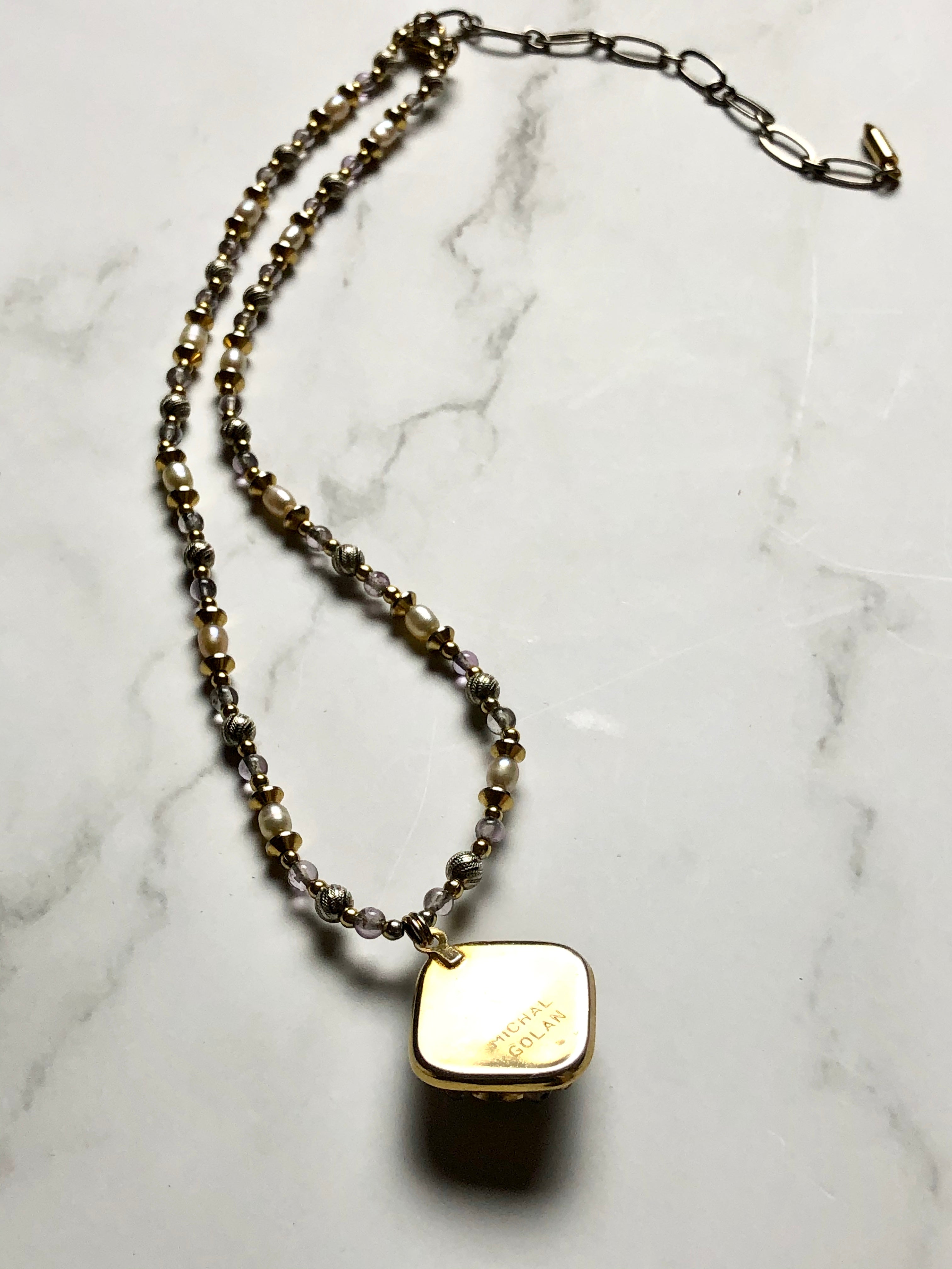 Michal Golan Diamond Pearl & Amethyst Beads Gold Pendant Necklace