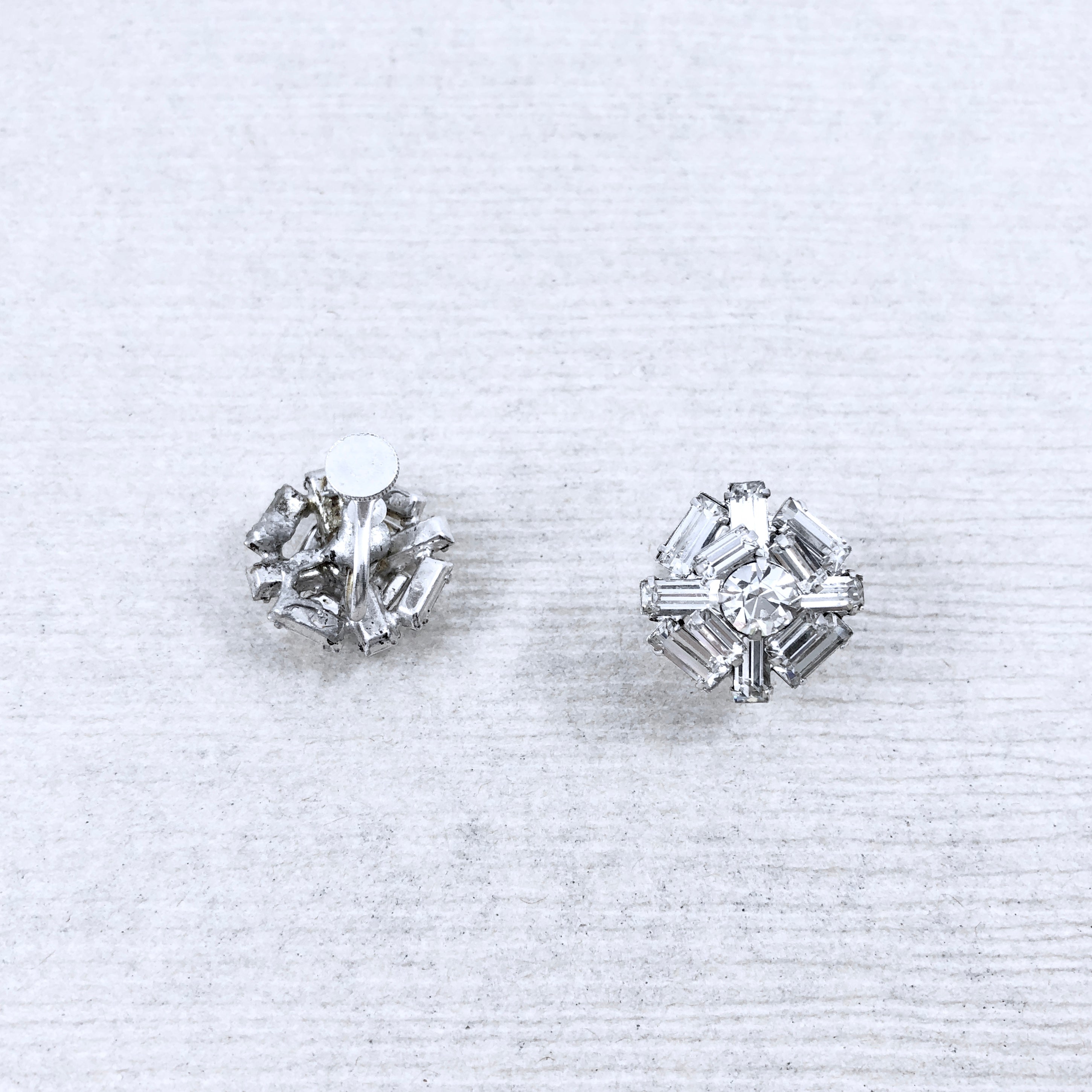 60s Vintage Crystal Rhinestone Art Deco Snowflakes Earrings