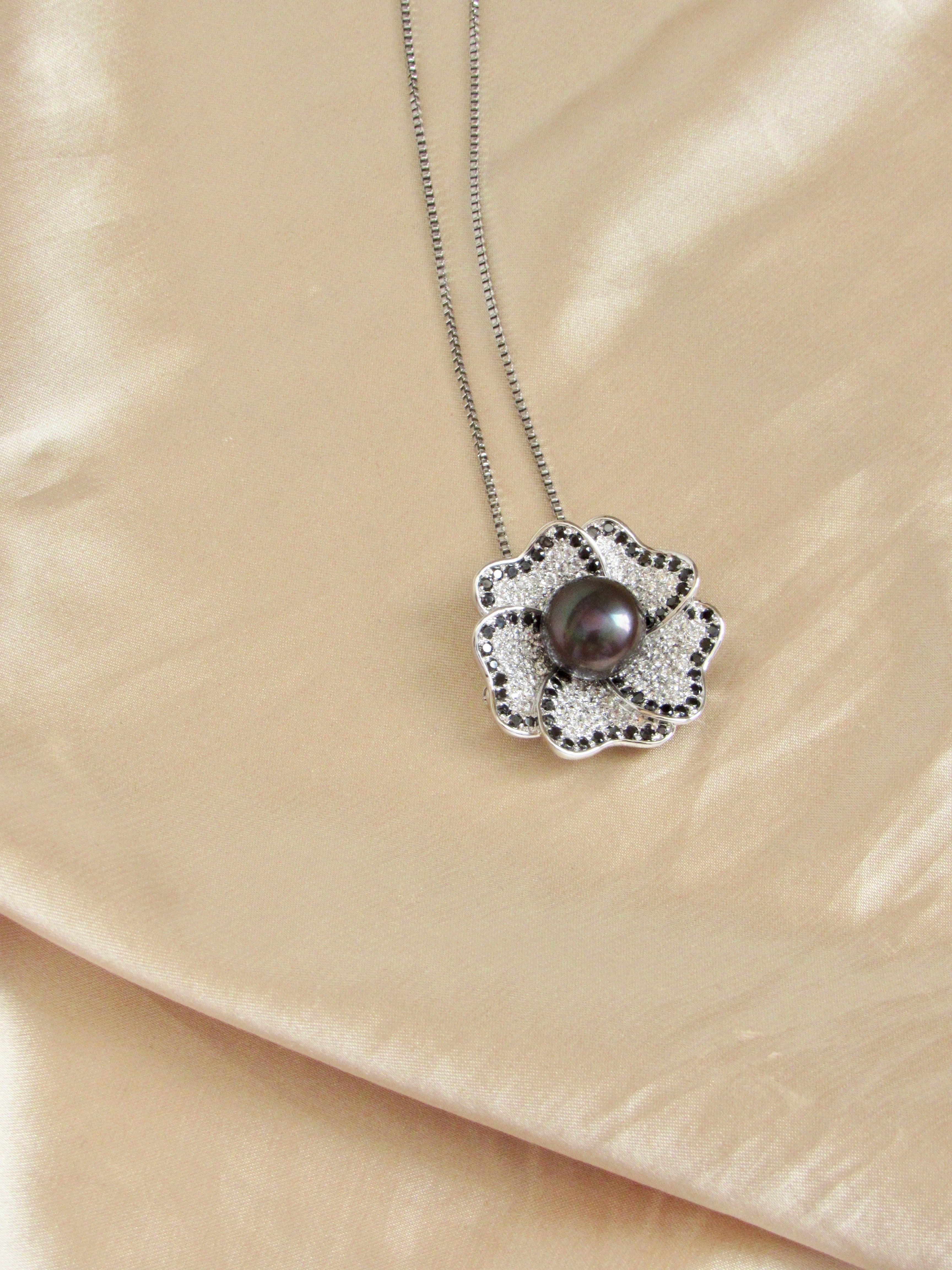 Prairie Rose Tahitian Black Pearl Silver Necklace