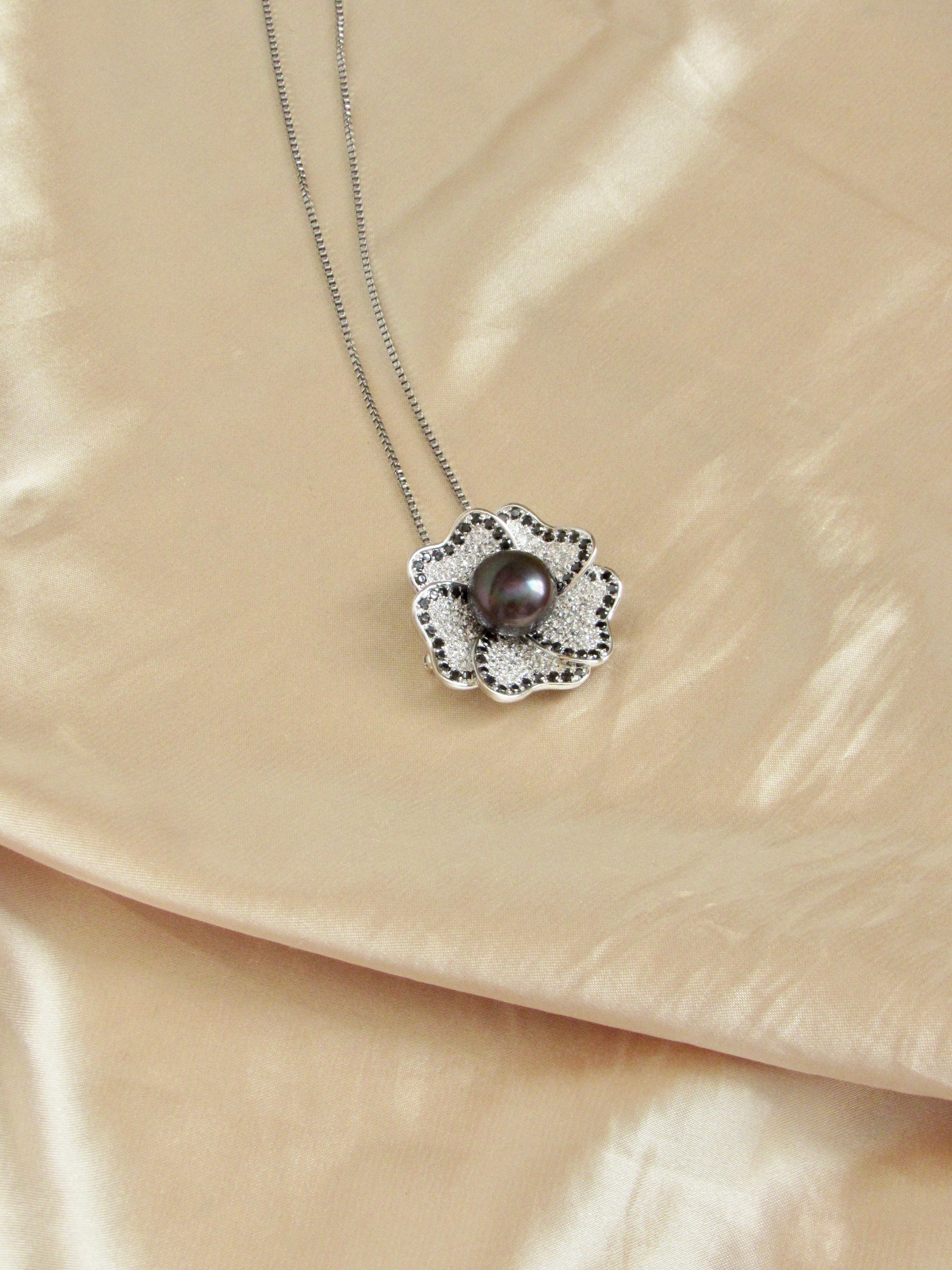 Prairie Rose Tahitian Black Pearl Silver Necklace