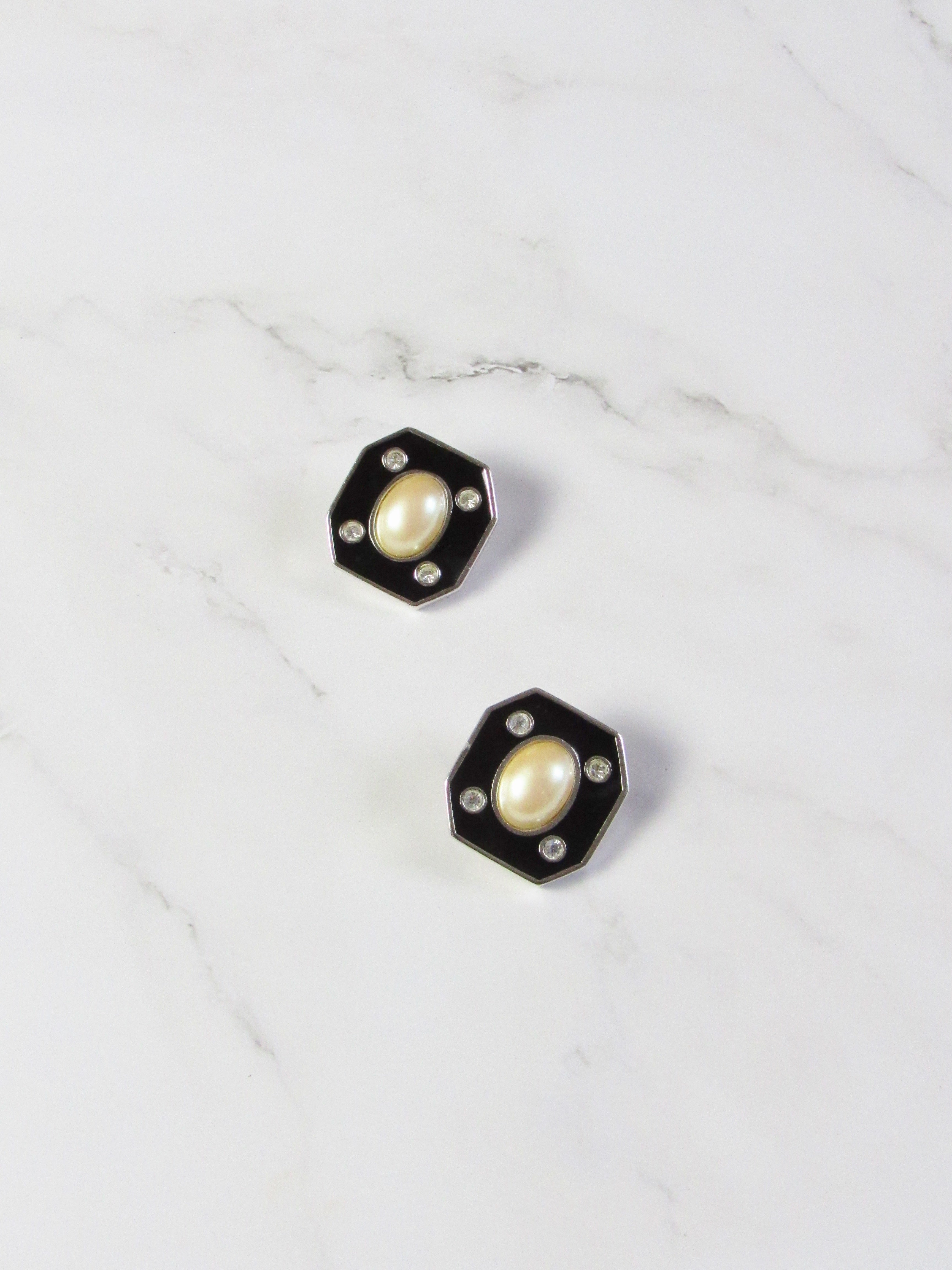 Yves Saint Laurent Vintage Black Rectangle Pearl Statement Earrings