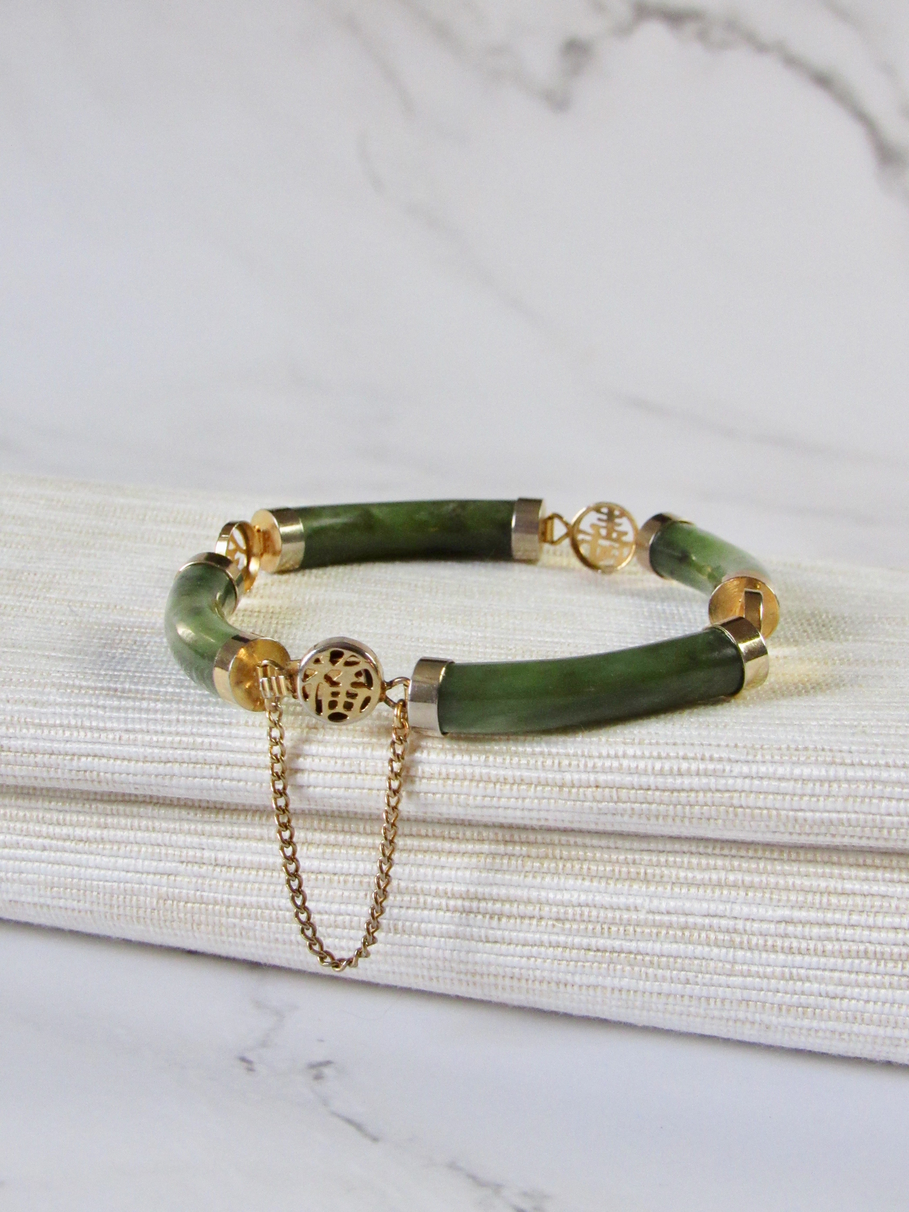 Chinese Blessing Word Green Jade Linked Bracelet