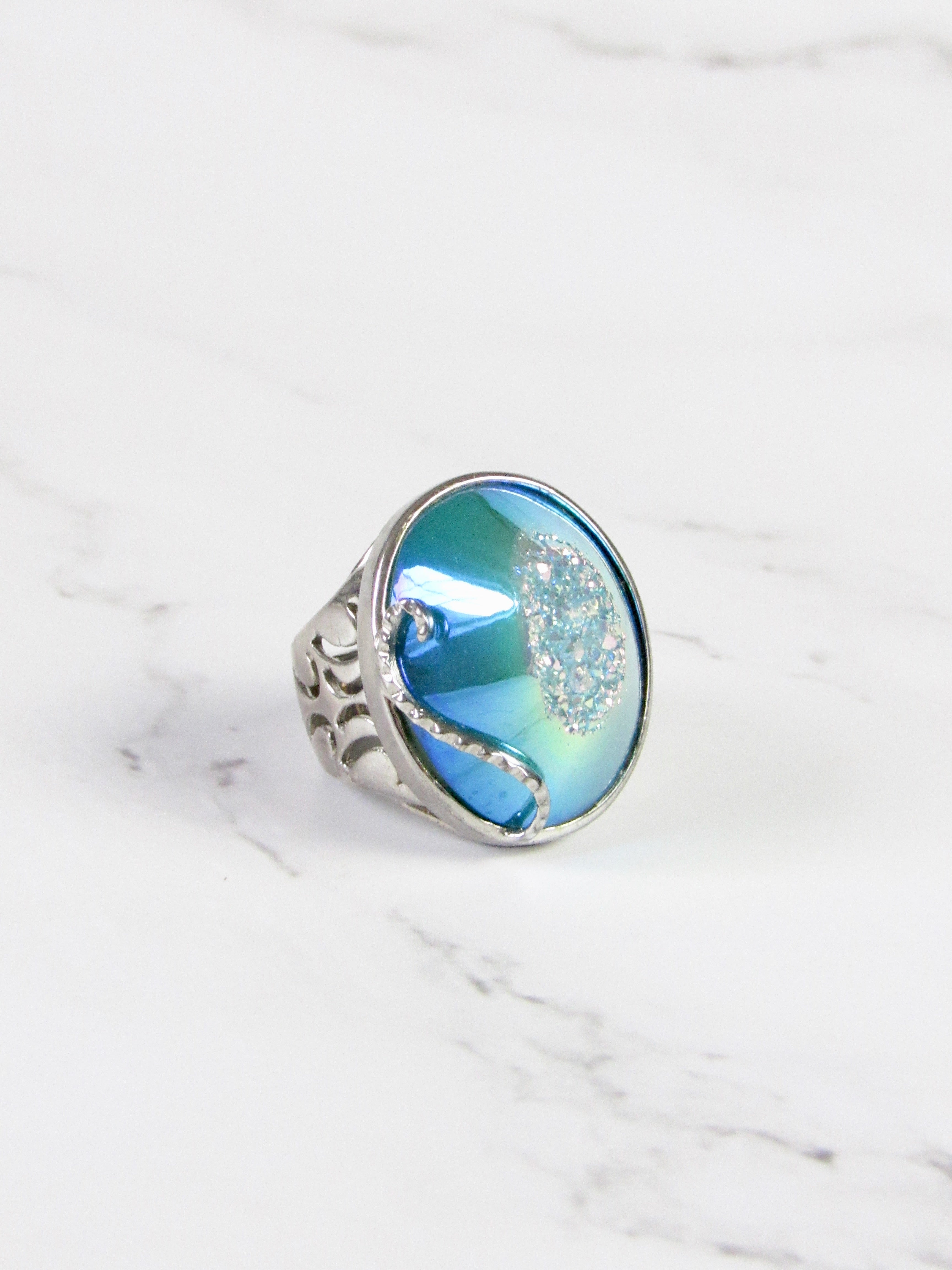 Blue Calcite Rhodium Statement Ring