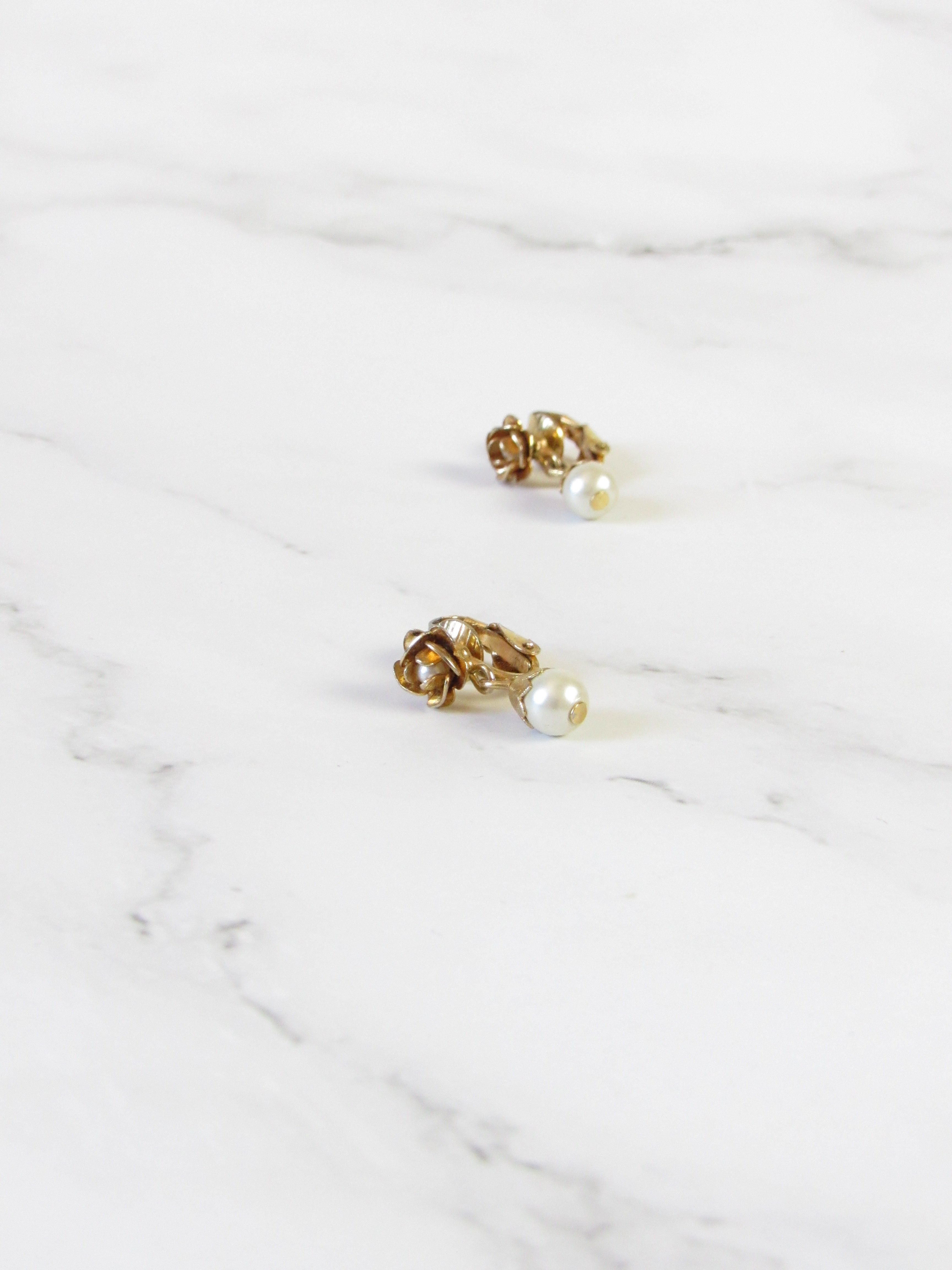 Rose Pearl Bead Gold Dangle Earrings