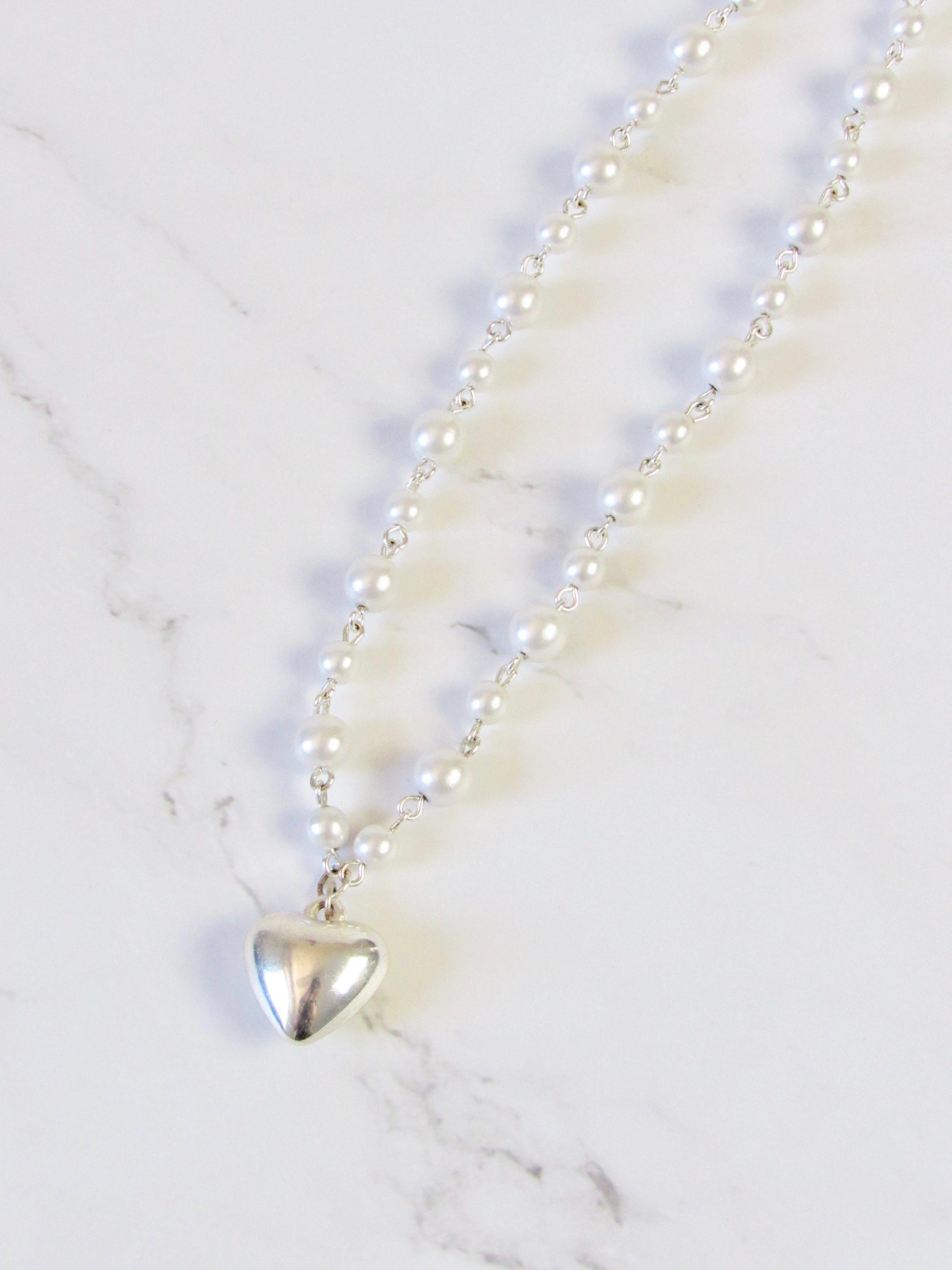 Vintage Silver Puffy Heart Pendant Pearl Necklace