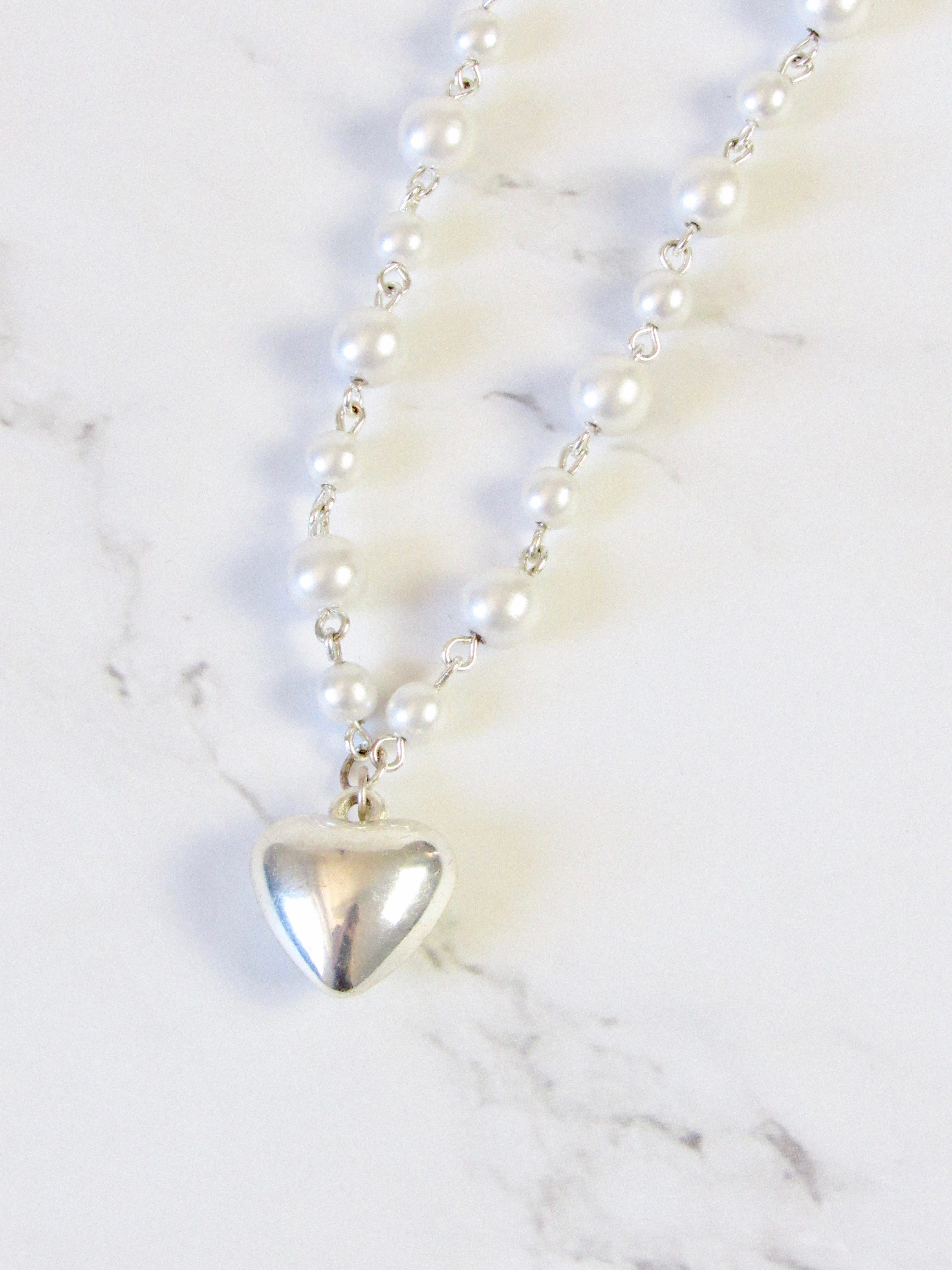 Vintage Silver Puffy Heart Pendant Pearl Necklace