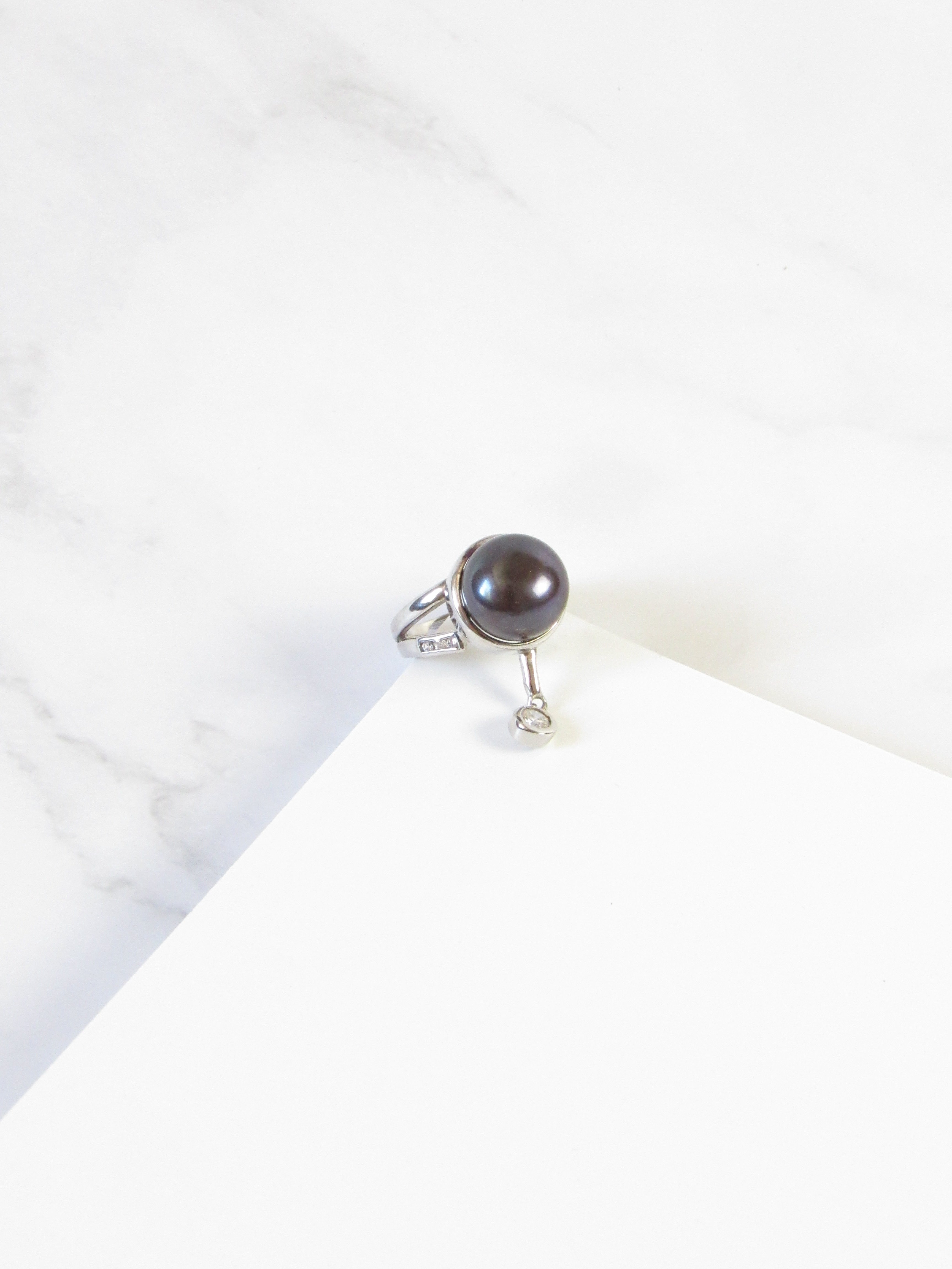Round Black Pearl Dangling Crystal Silver Statement Ring