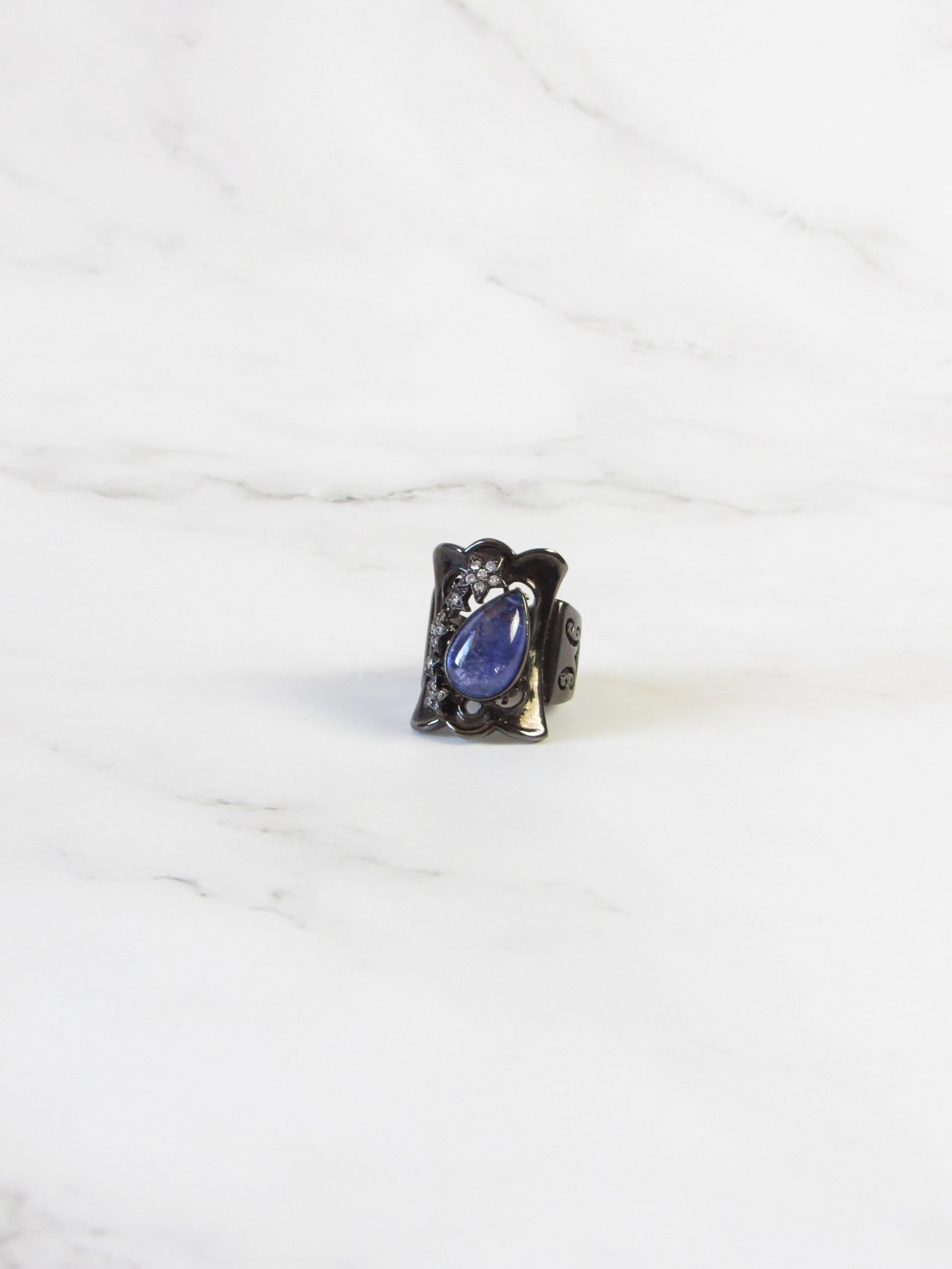 Teardrop Iolite Oxidized Pure Silver Statement Ring