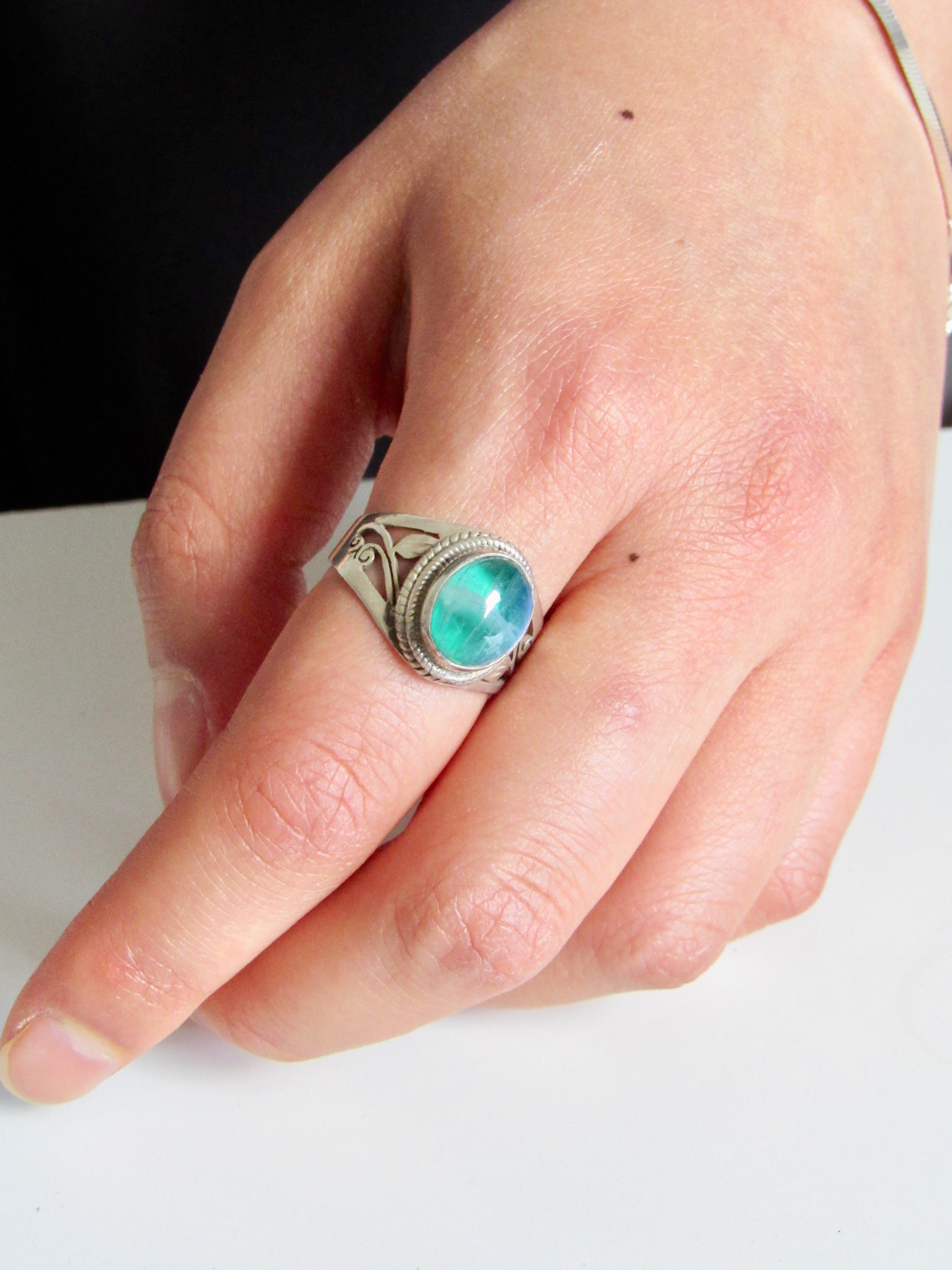 Oval Cabochon Green Moonstone Silver Statement Ring