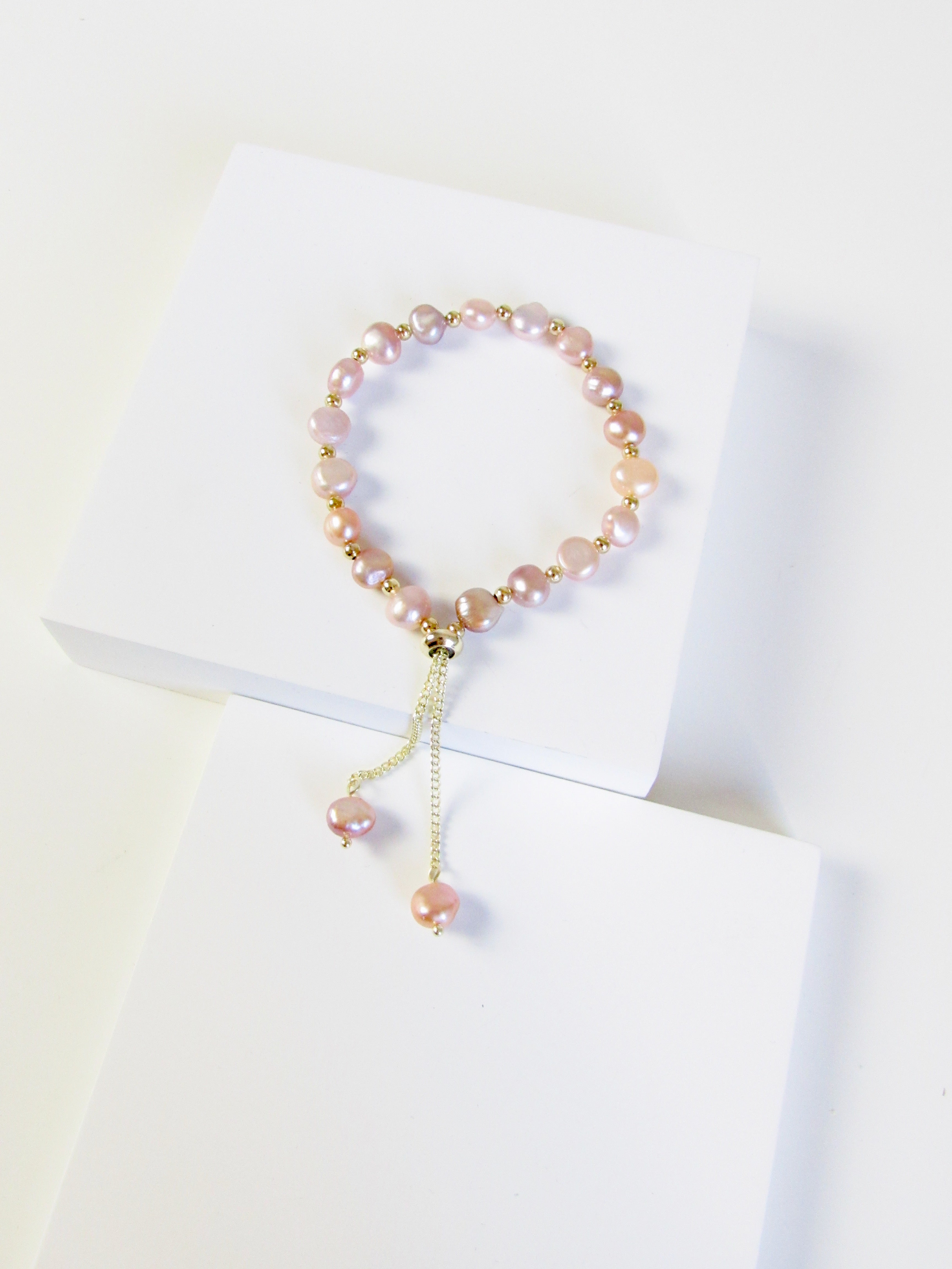 Rose Pink Genuine Baroque Pearl Beads Gold Bracelet