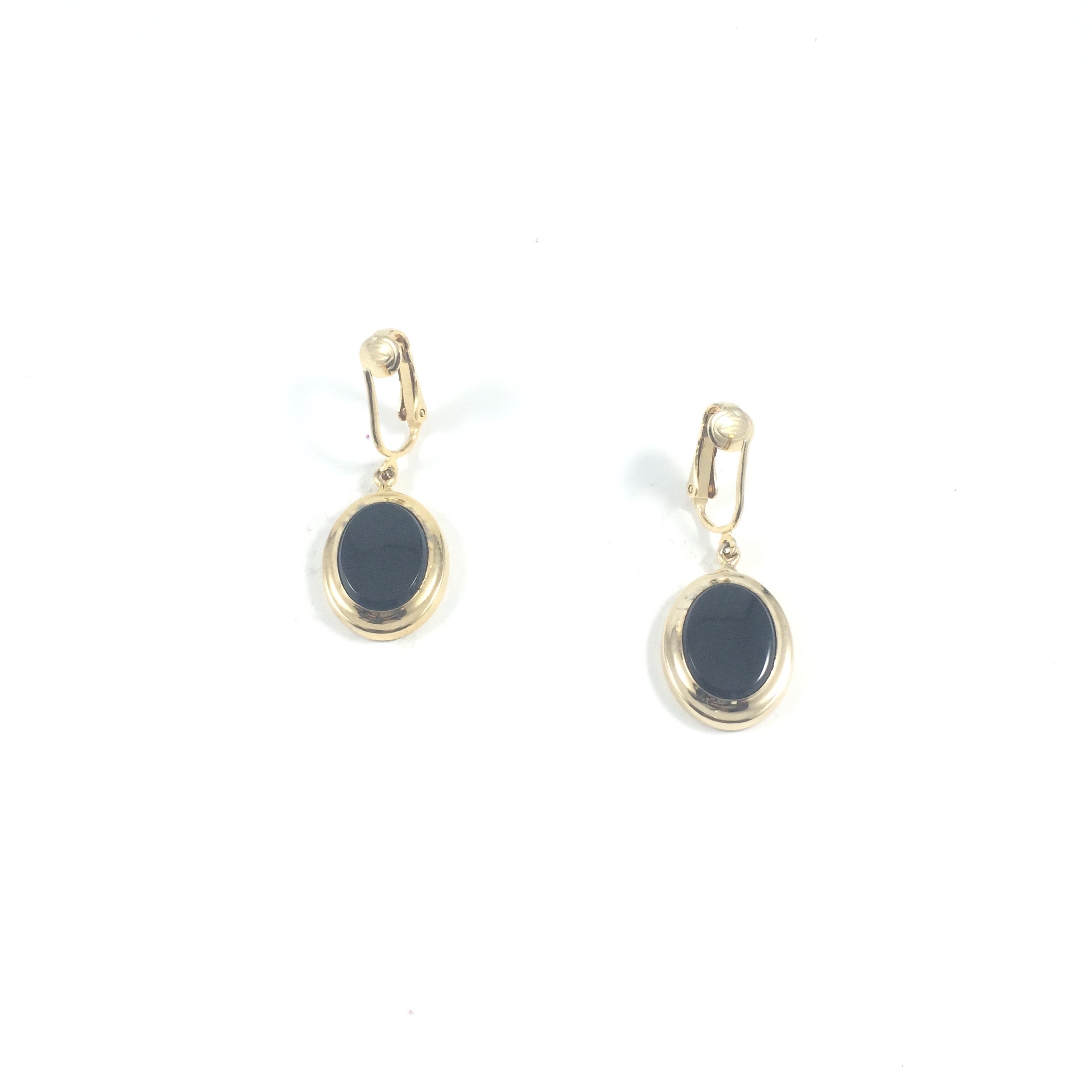 Vintage 80s Ellipse Gold Frame Classic Black Enamel Sarah Coventry Dangle Pierced Earrings | Cocktail Party | Gift
