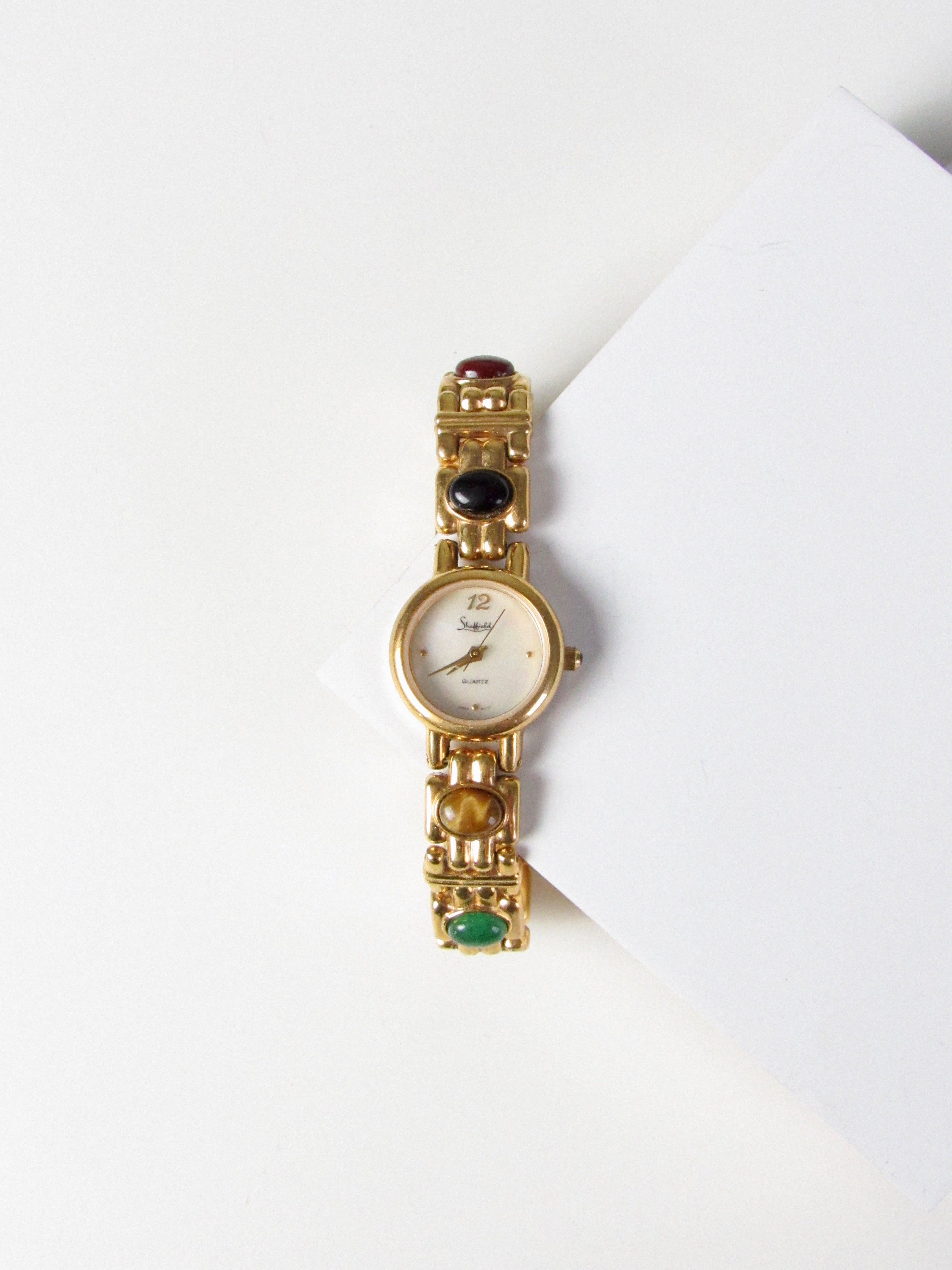 Semi Precious Multicolor Stone Gold Tone Ladies Watch