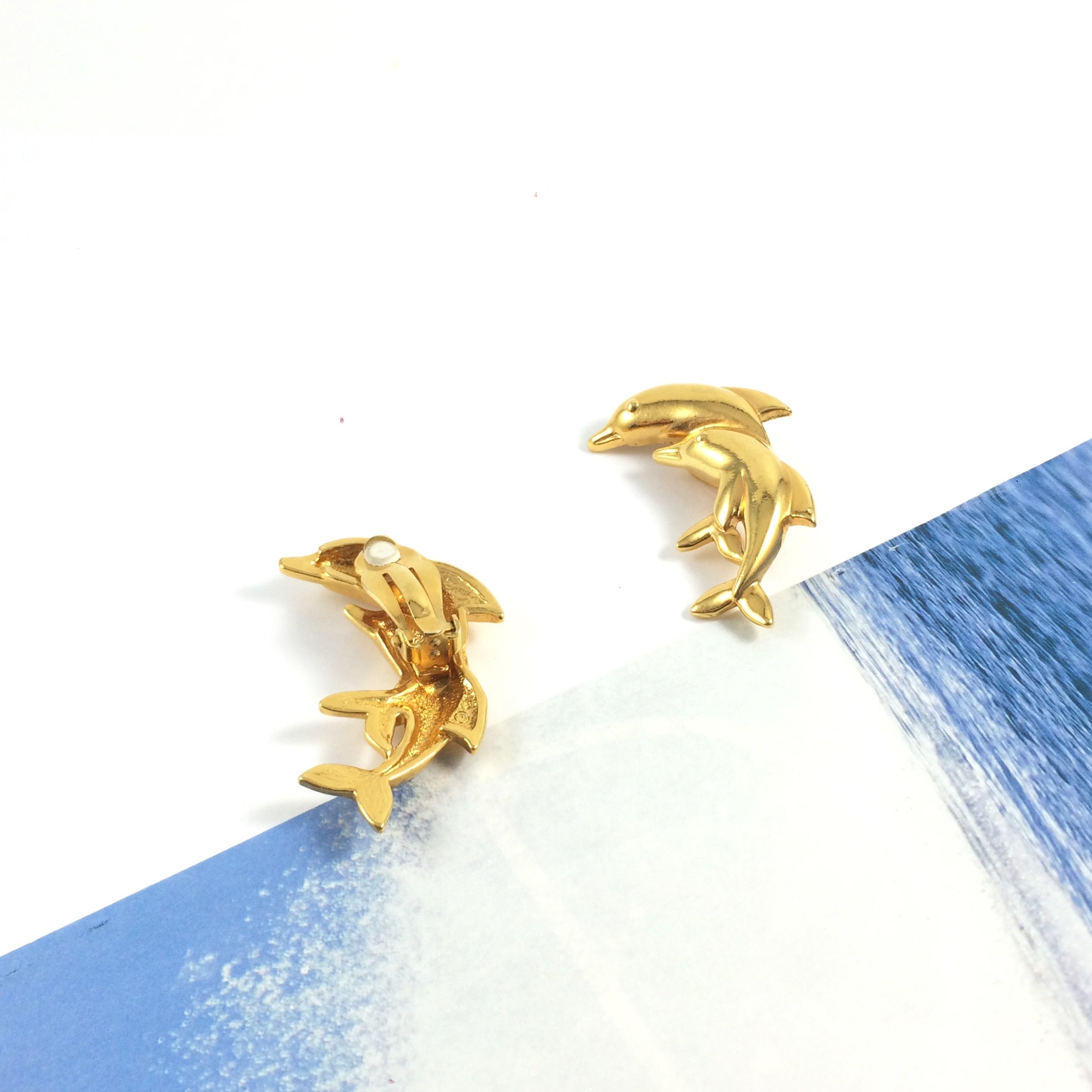 Vintage 90s Half Moon Gold Dolphin Twins Clip-on Earrings | Vintage ...