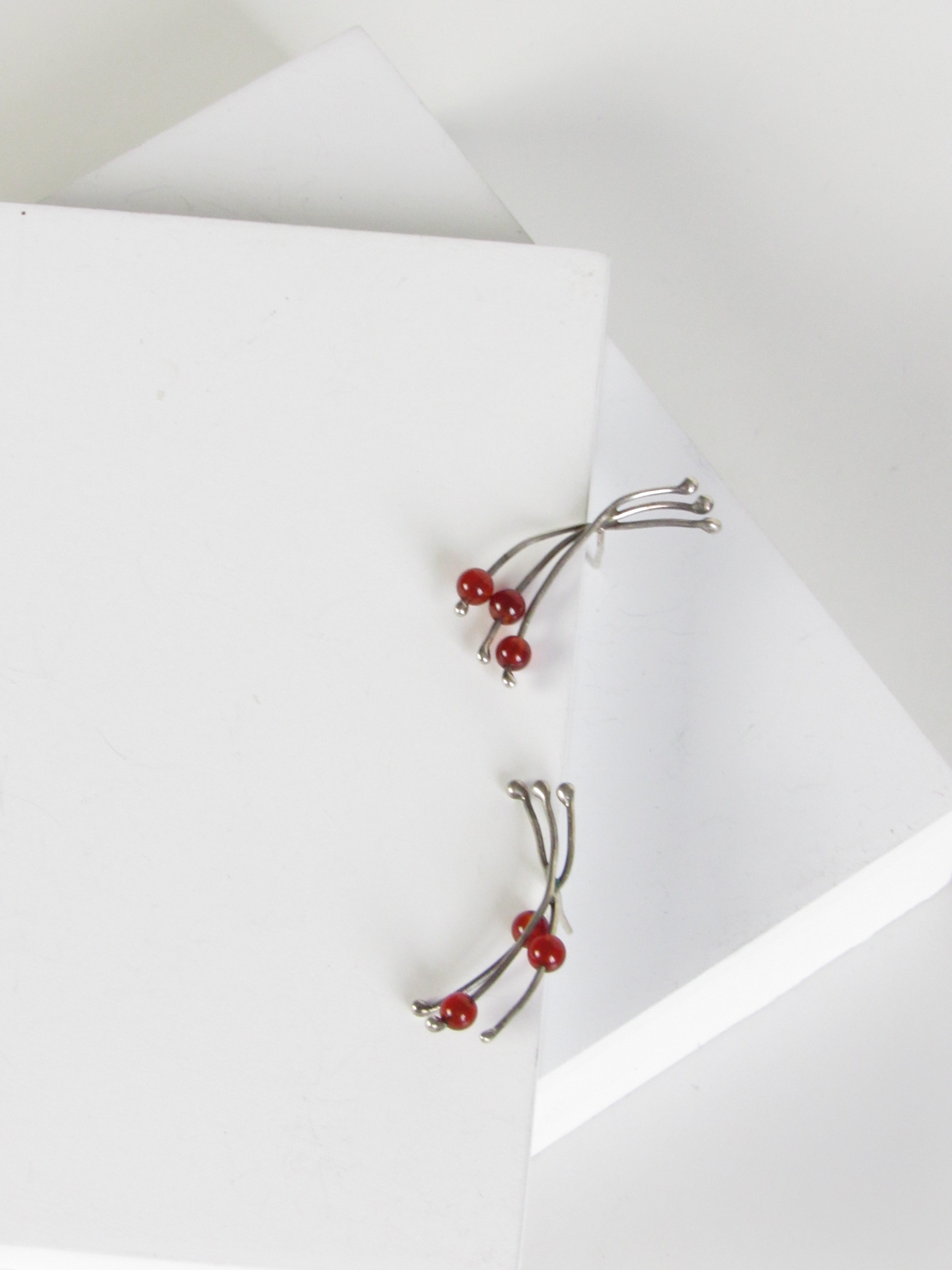 Vintage Scandinavian Abstract Red Agate Beads Silver Earrings