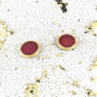 Vintage Gold Framed Scarlet Round Marble Lucite Earrings
