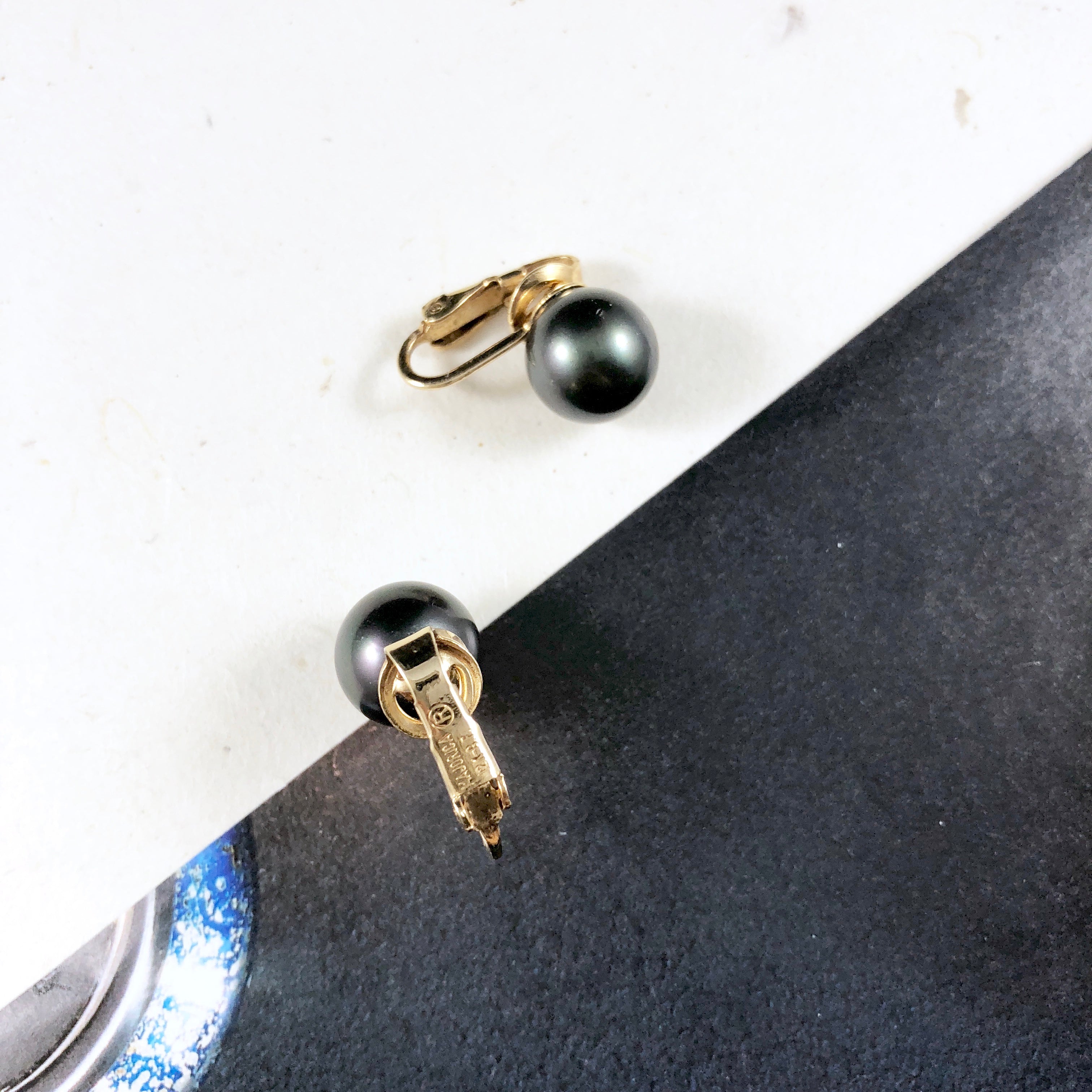 Vintage 60s Majorica Gold-filled Clip Back with Unique Black Pearl Earrings