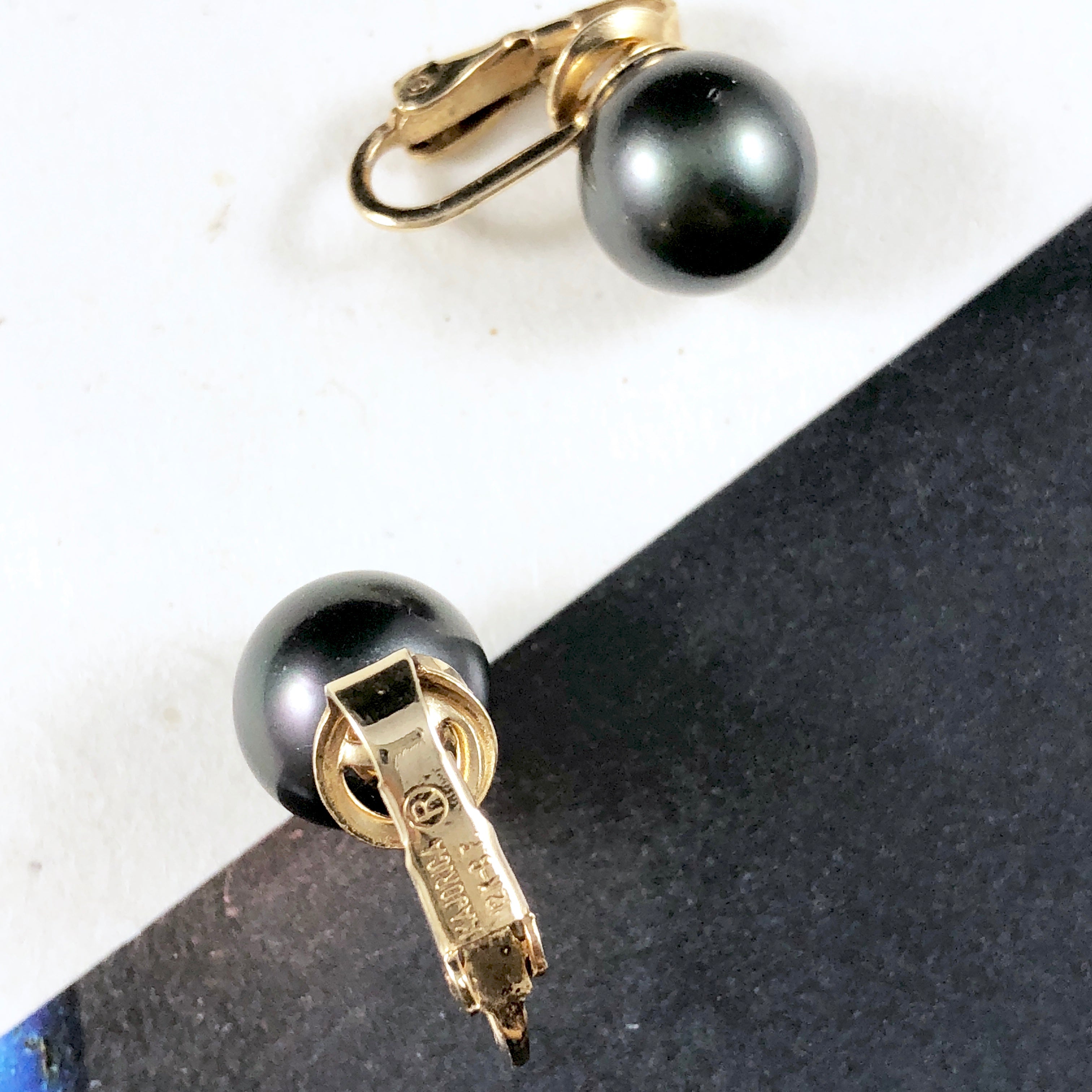 Vintage 60s Majorica Gold-filled Clip Back with Unique Black Pearl Earrings
