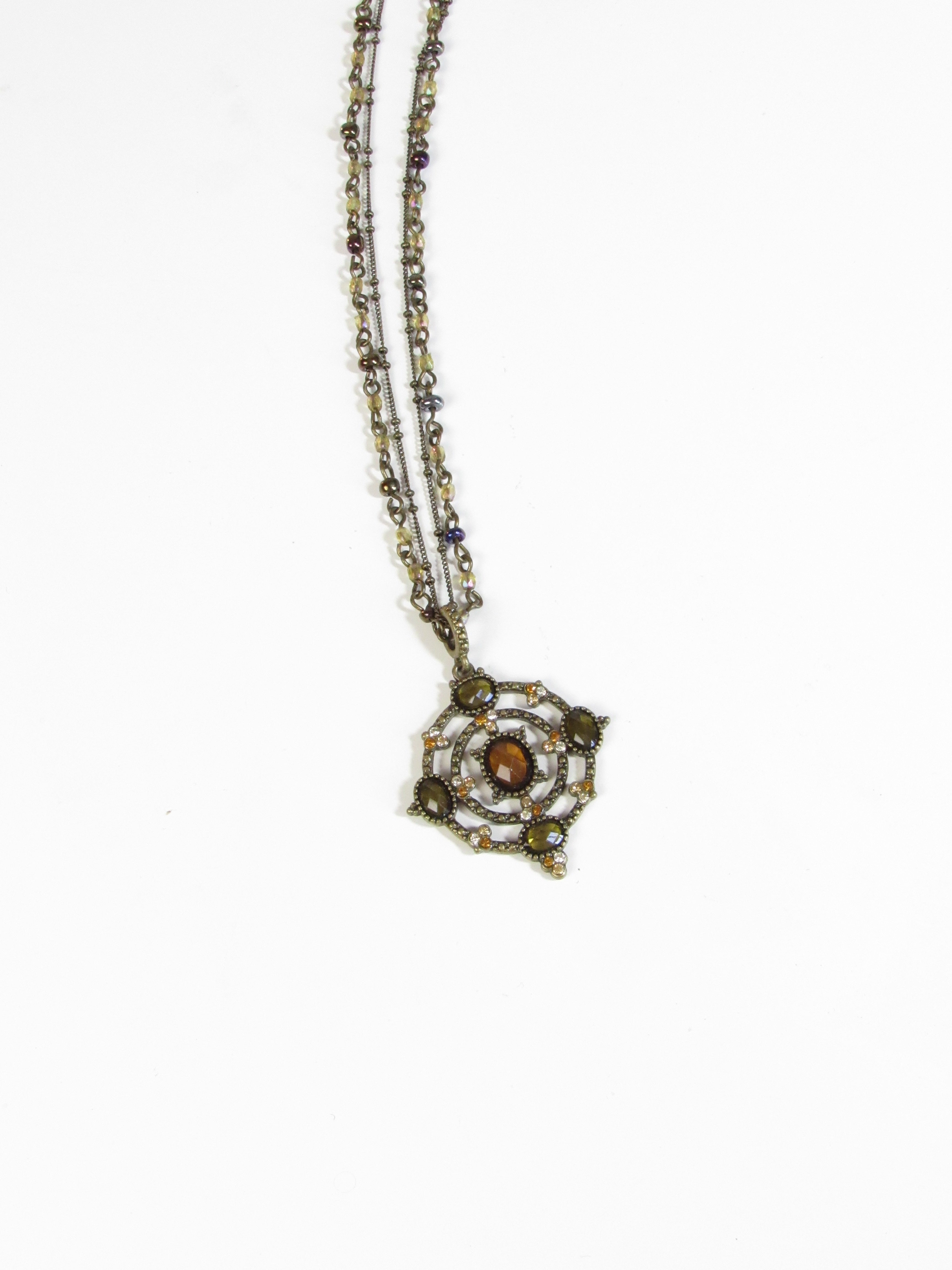 Victorian Antique Gold Finish Double Chain Pendant Necklace with Crystal