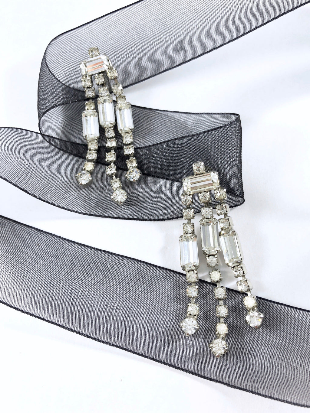 Vintage 60s Step-Cut Crystals Chandelier Fringe Earrings