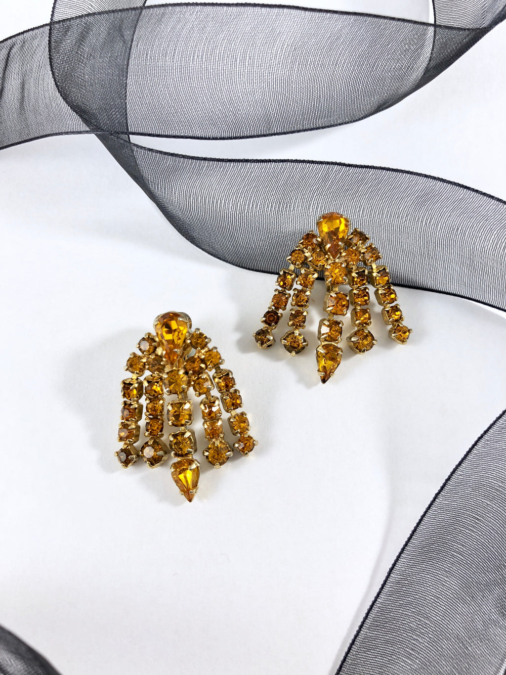 Vintage 60s Amber Crystals Chandelier Earrings