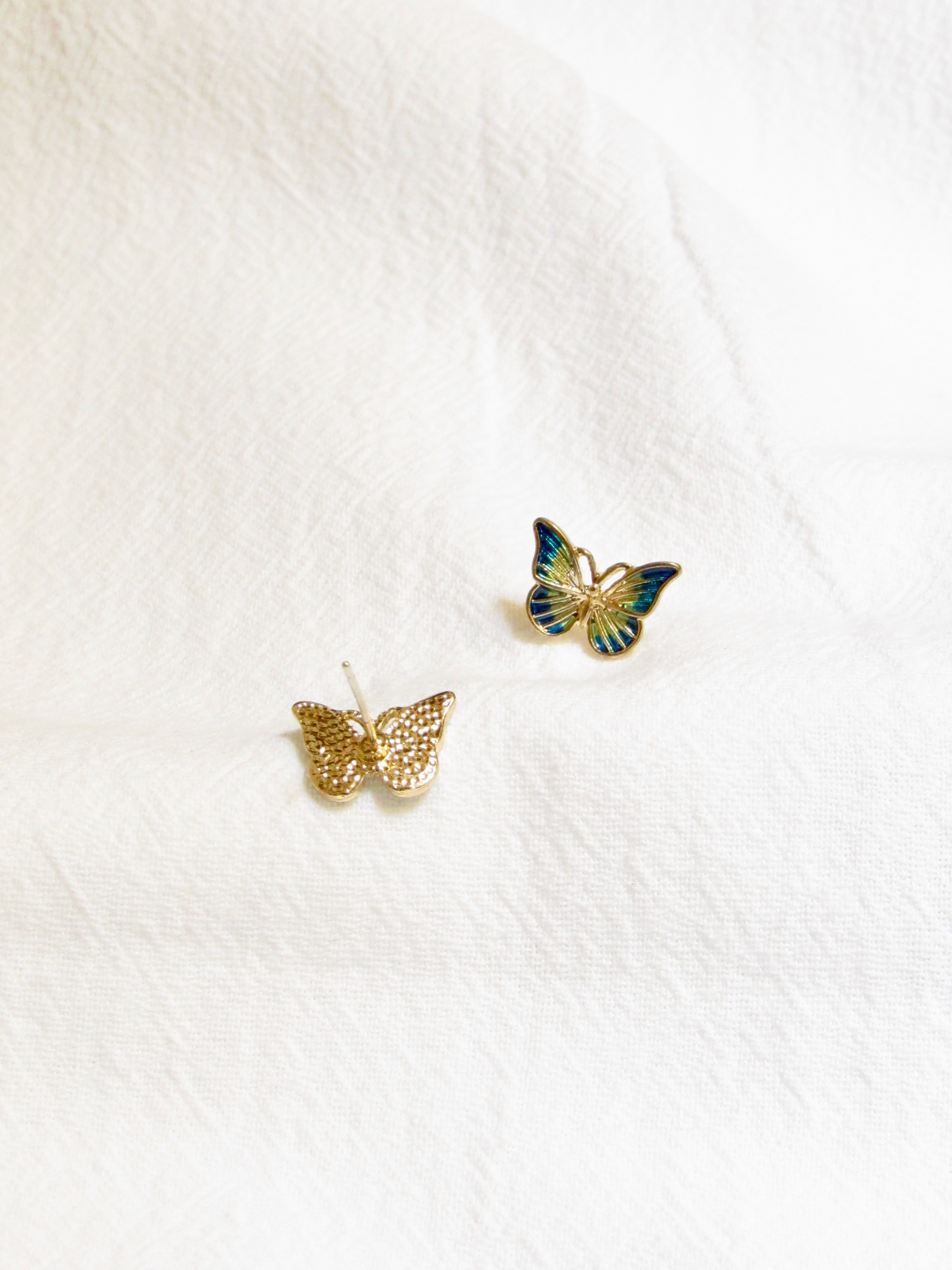 Butterfly Gradient Green Enamel Gold Stud Earrings