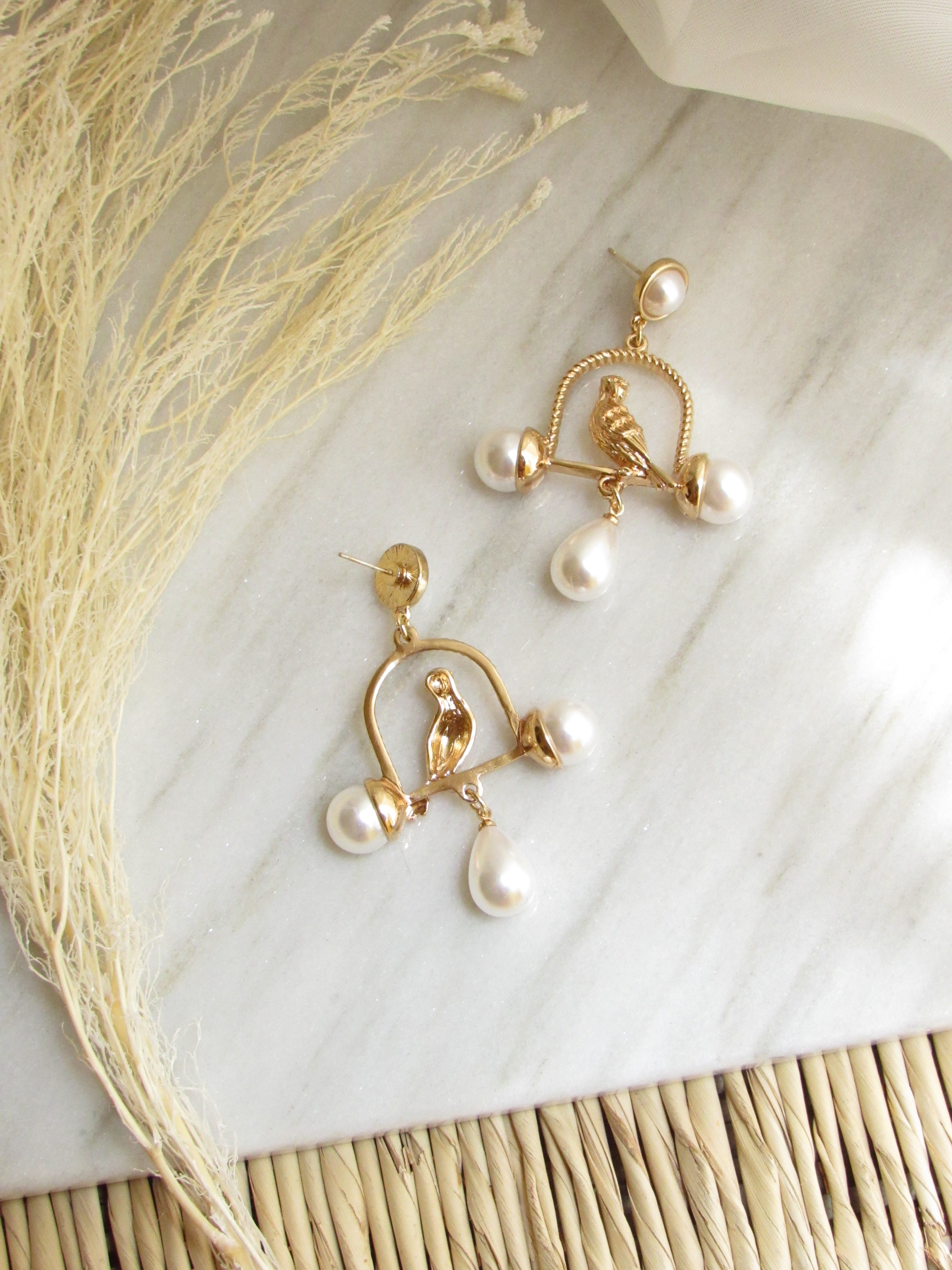 Bird House Gold Drop Earrings with Pearls