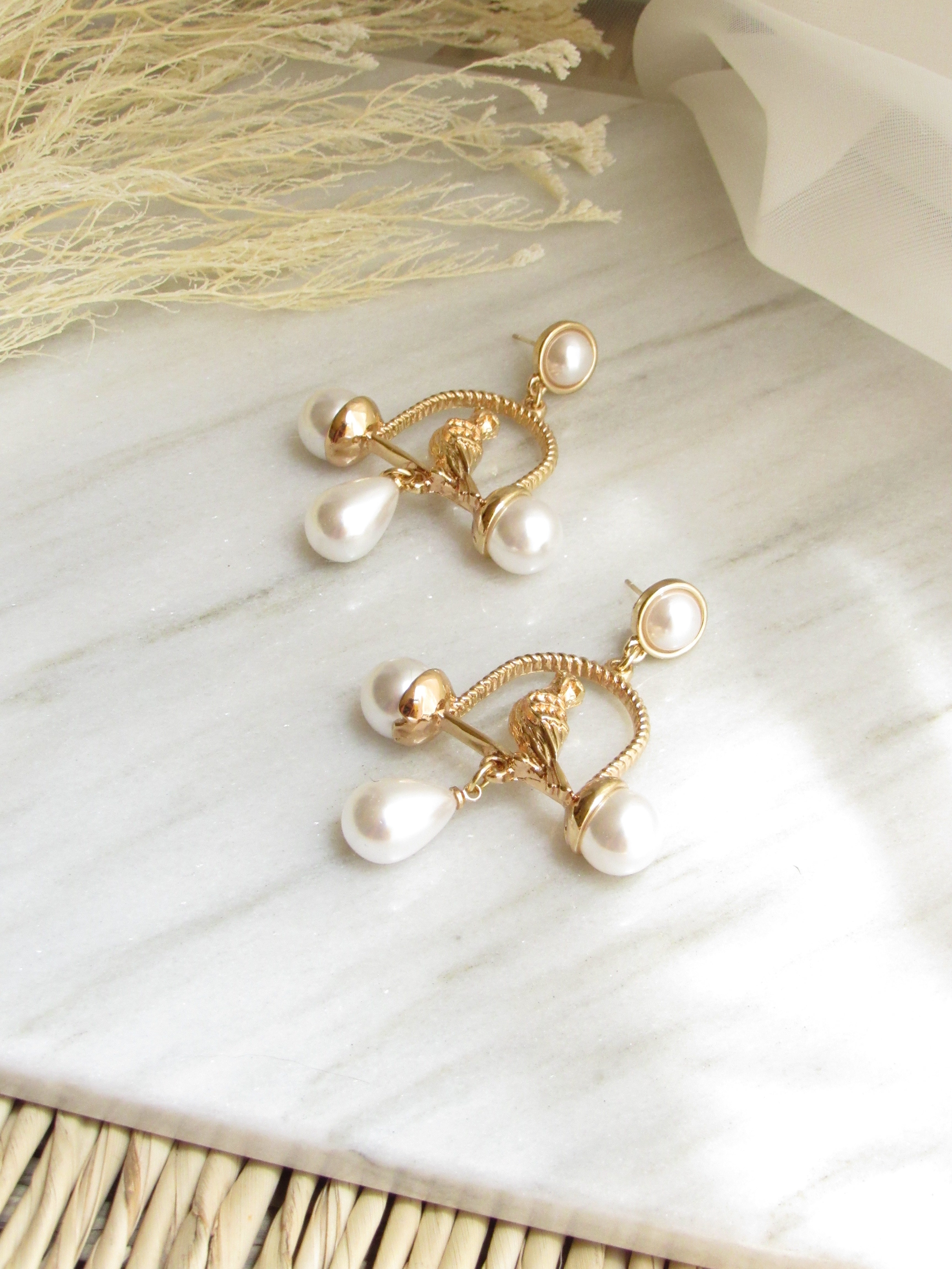 Bird House Gold Drop Earrings with Pearls