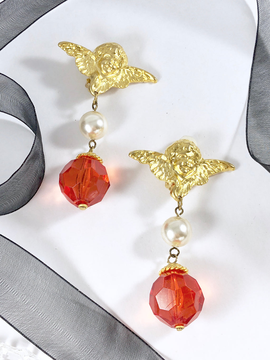 Vintage 80s Gold Cherub with Dangle Pearl Cherry Crystal Earrings