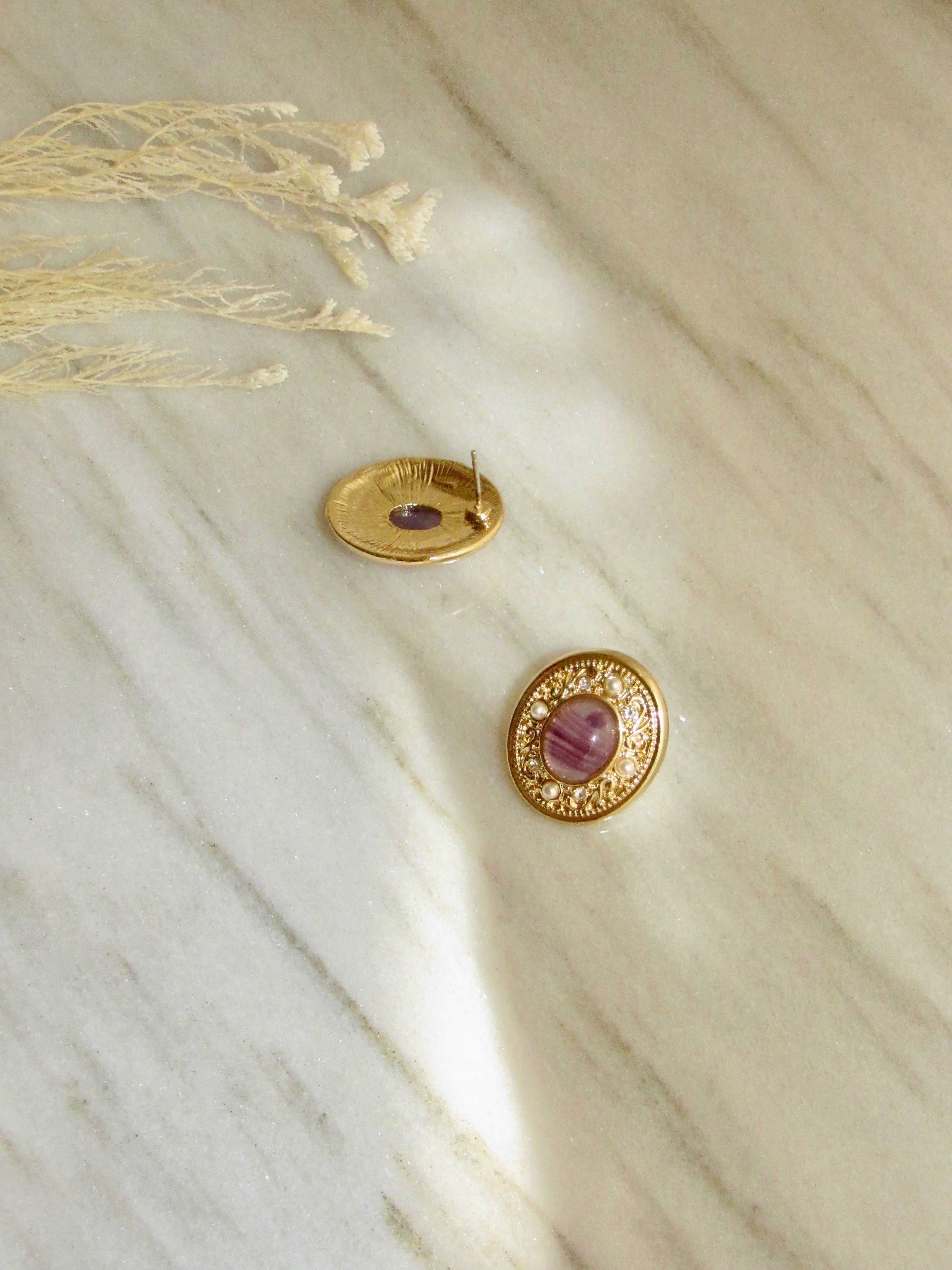 Purple Gemstone Pearl Gold Statement Earrings