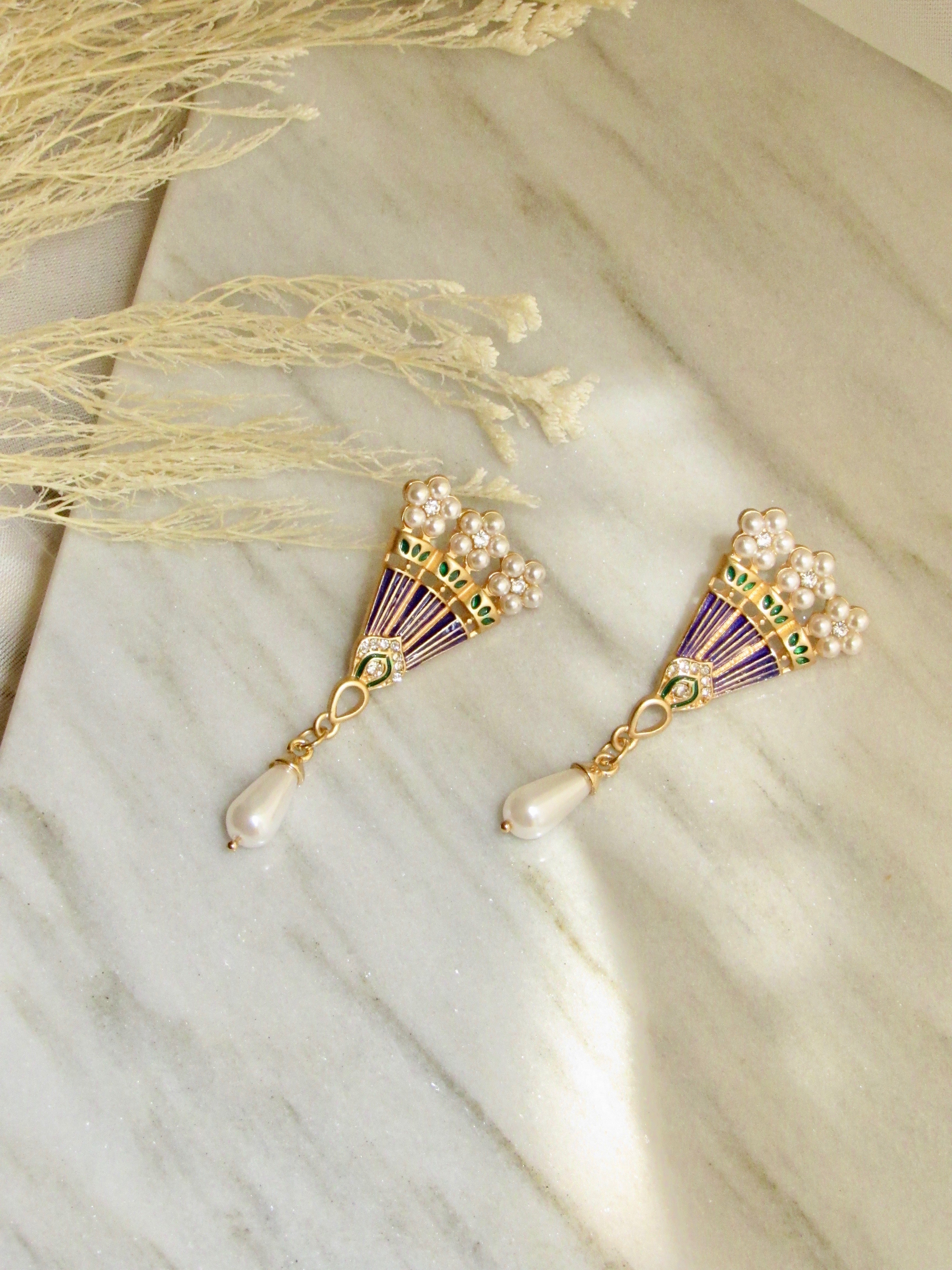 Multicolor Enamel Fan Pearl Gold Dangle Earrings