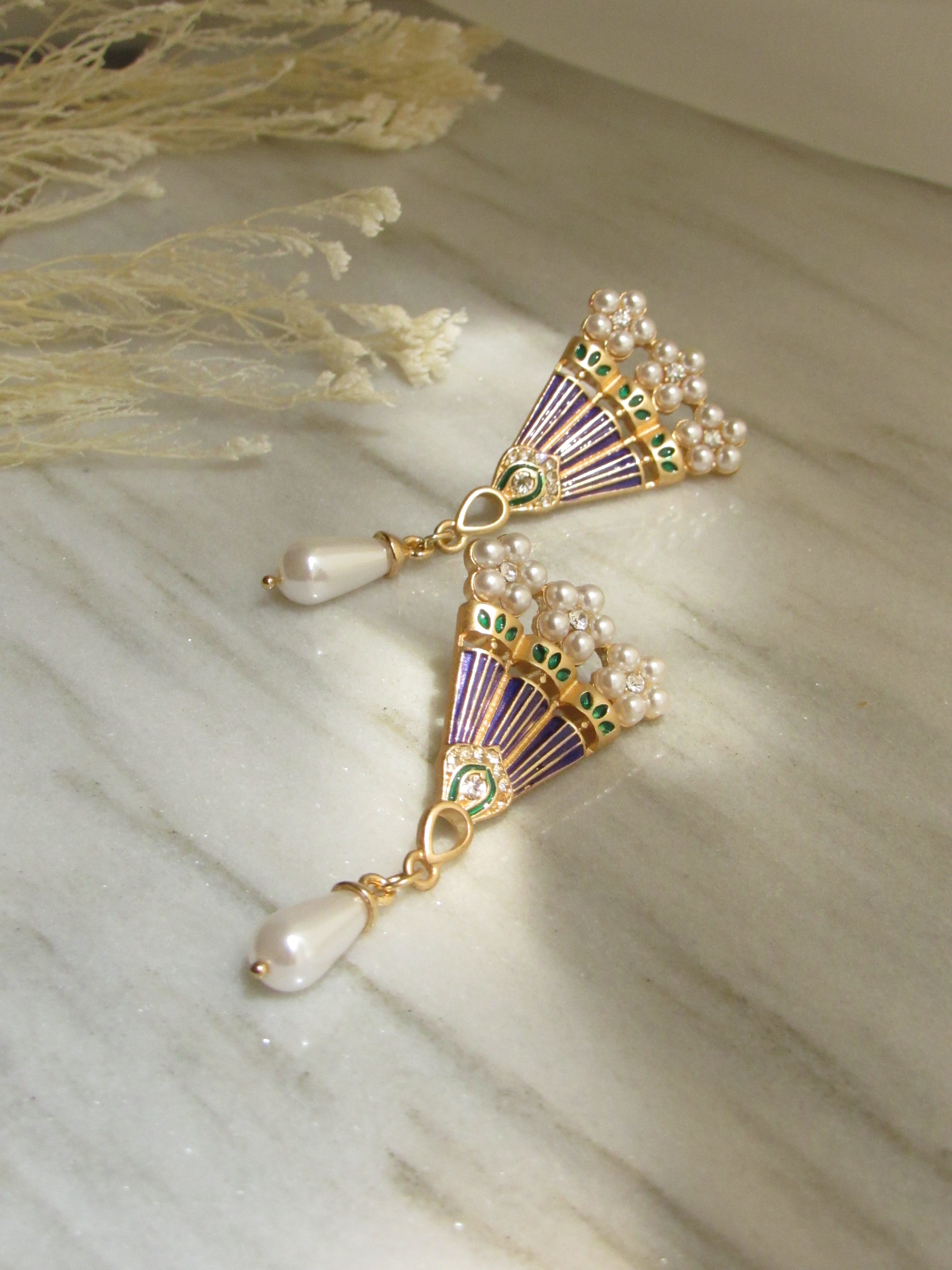 Multicolor Enamel Fan Pearl Gold Dangle Earrings