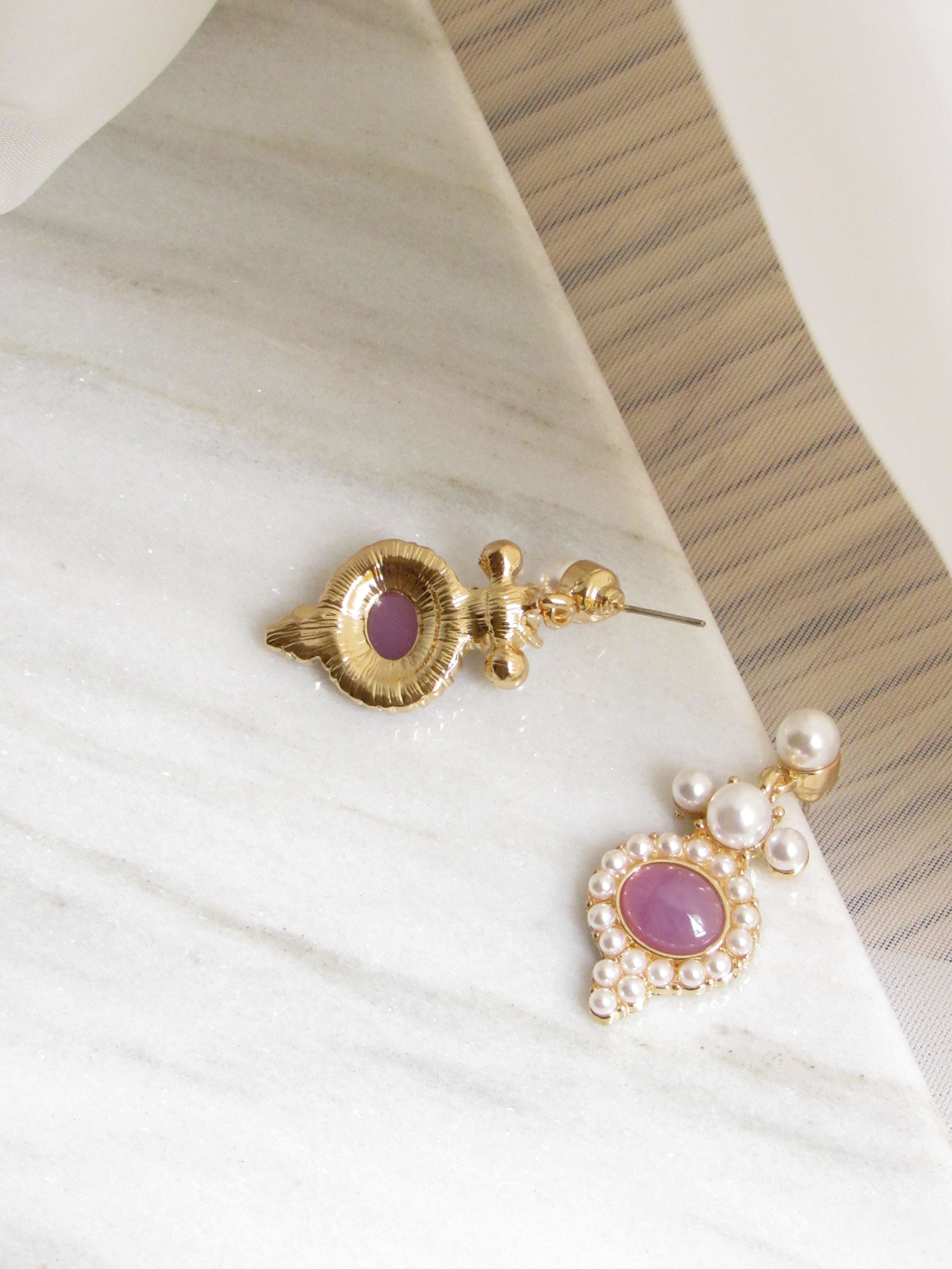Oval Purple Gem & Pearl Gold Teardrop Earrings
