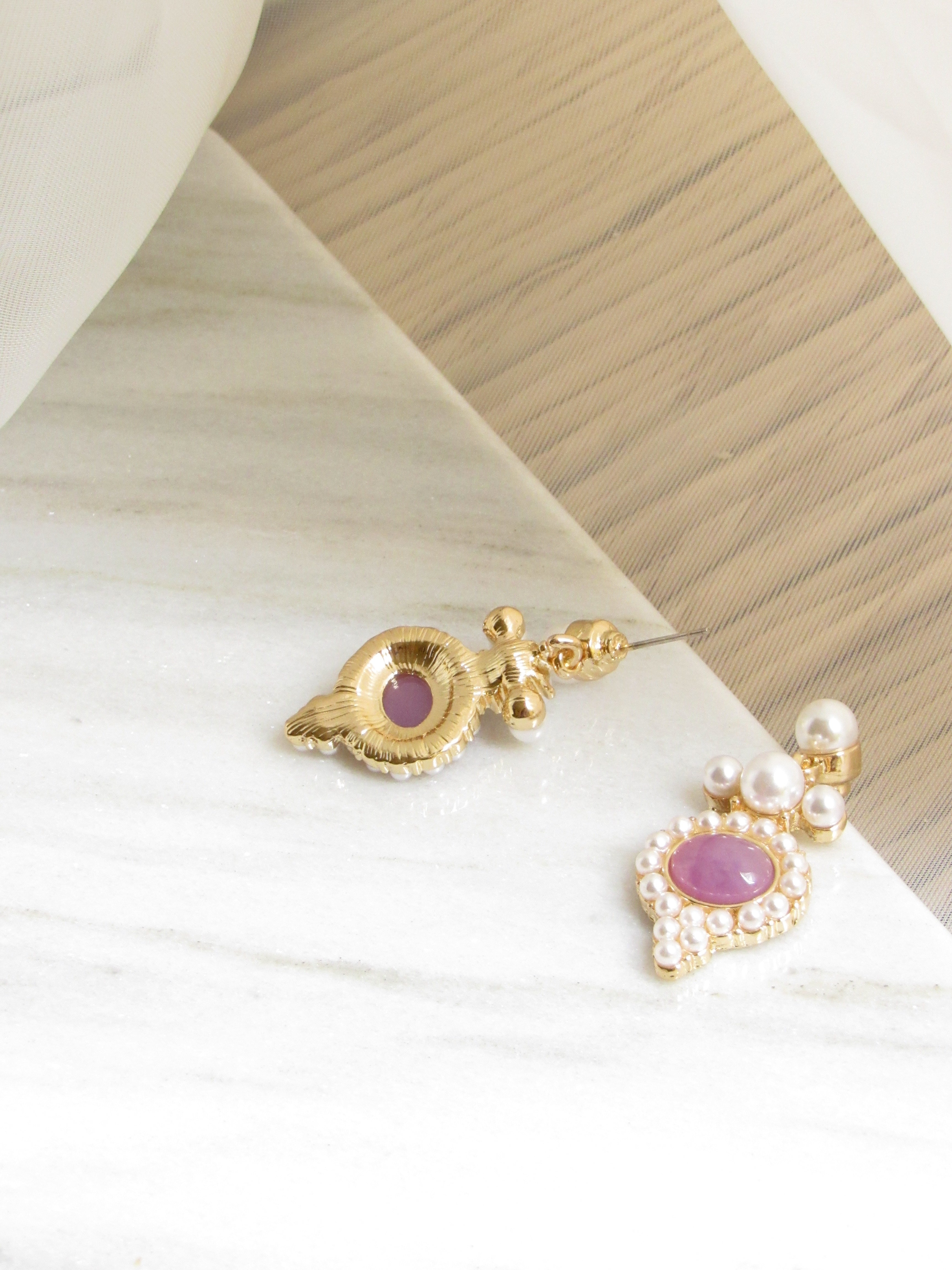 Oval Purple Gem & Pearl Gold Teardrop Earrings