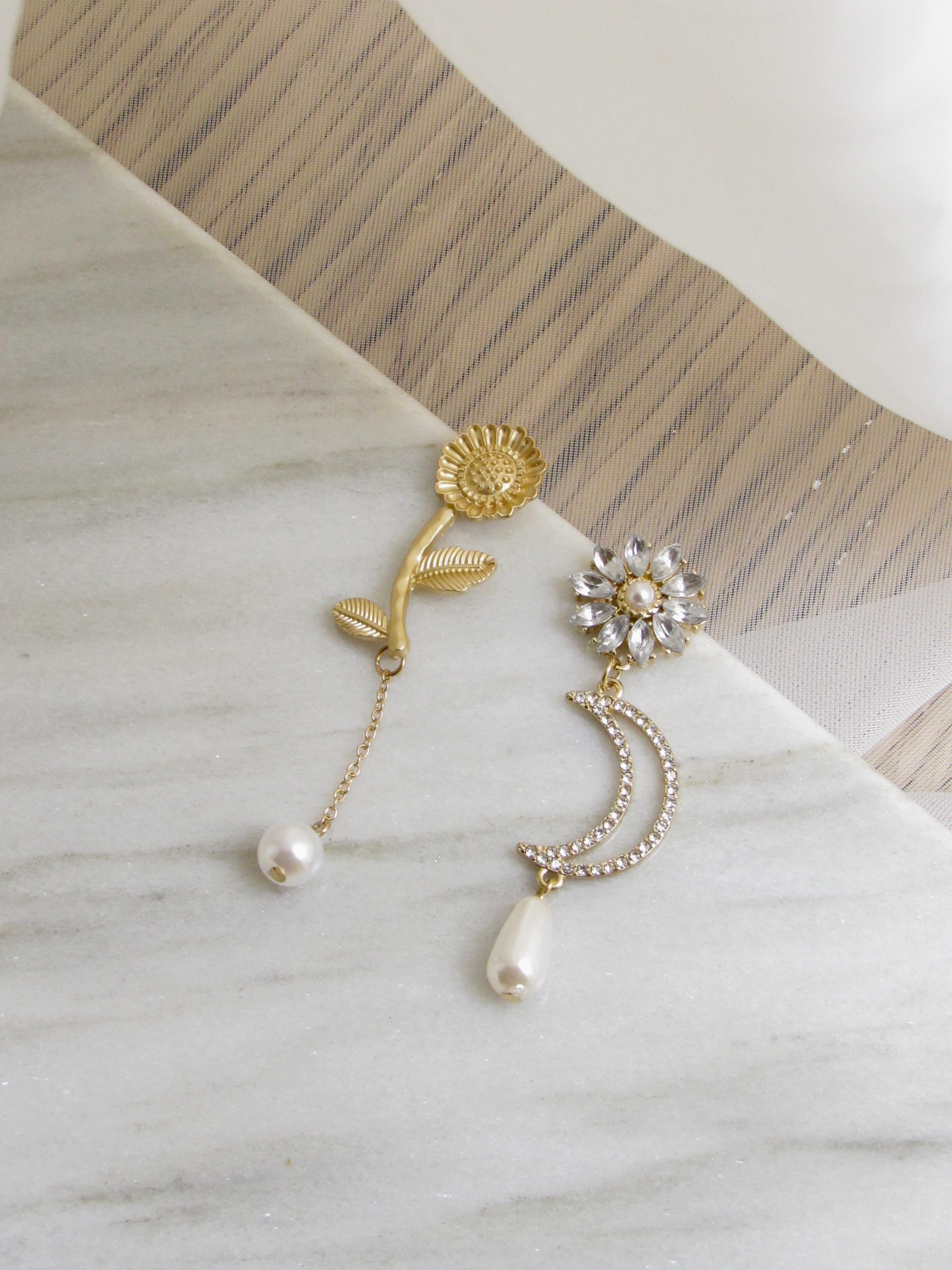 Asymmetric Sunflower & Moon Pearl Gold Dangle Earrings
