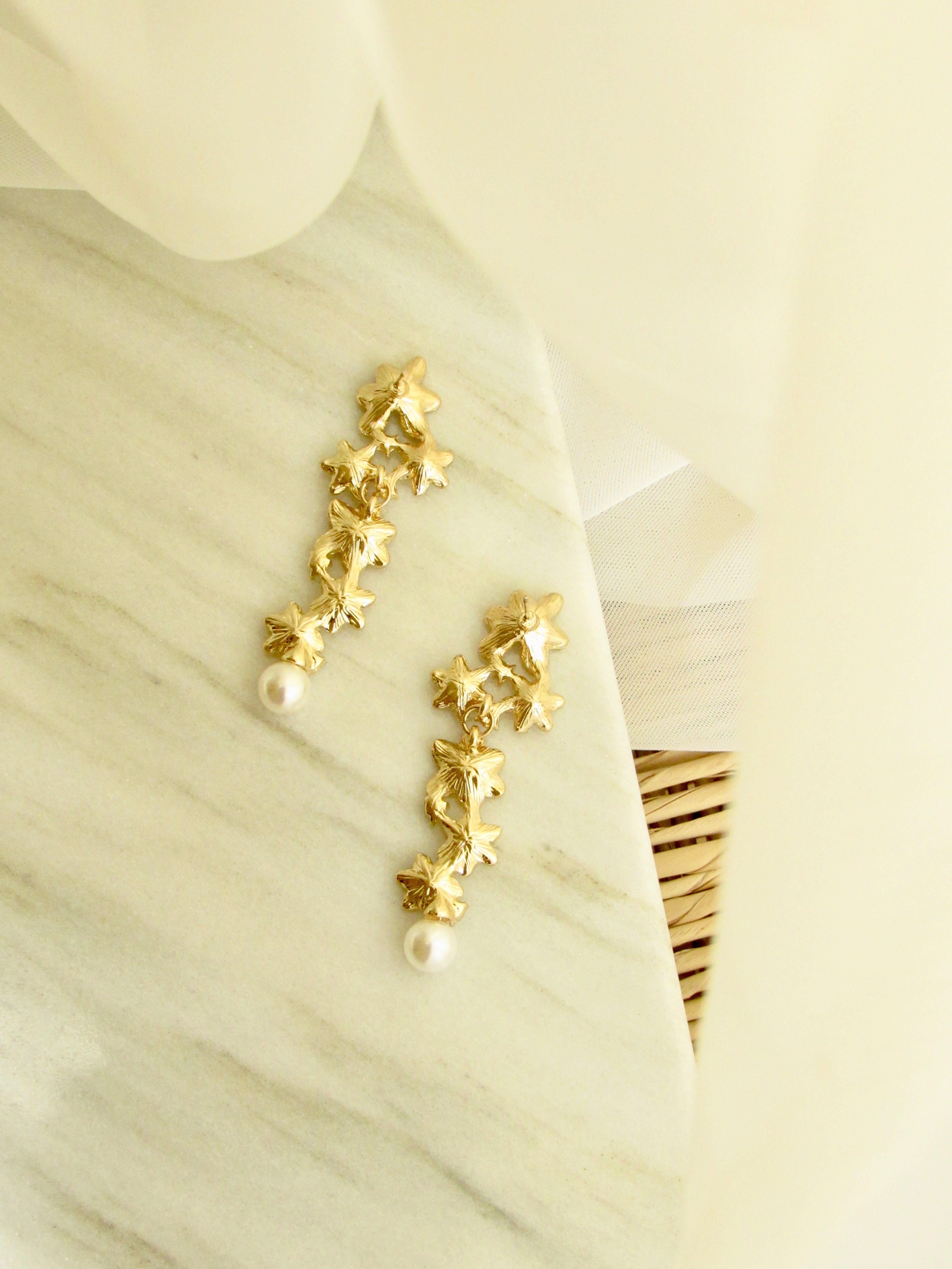 Floral Bunch Pearl Drop Earrings in Gold