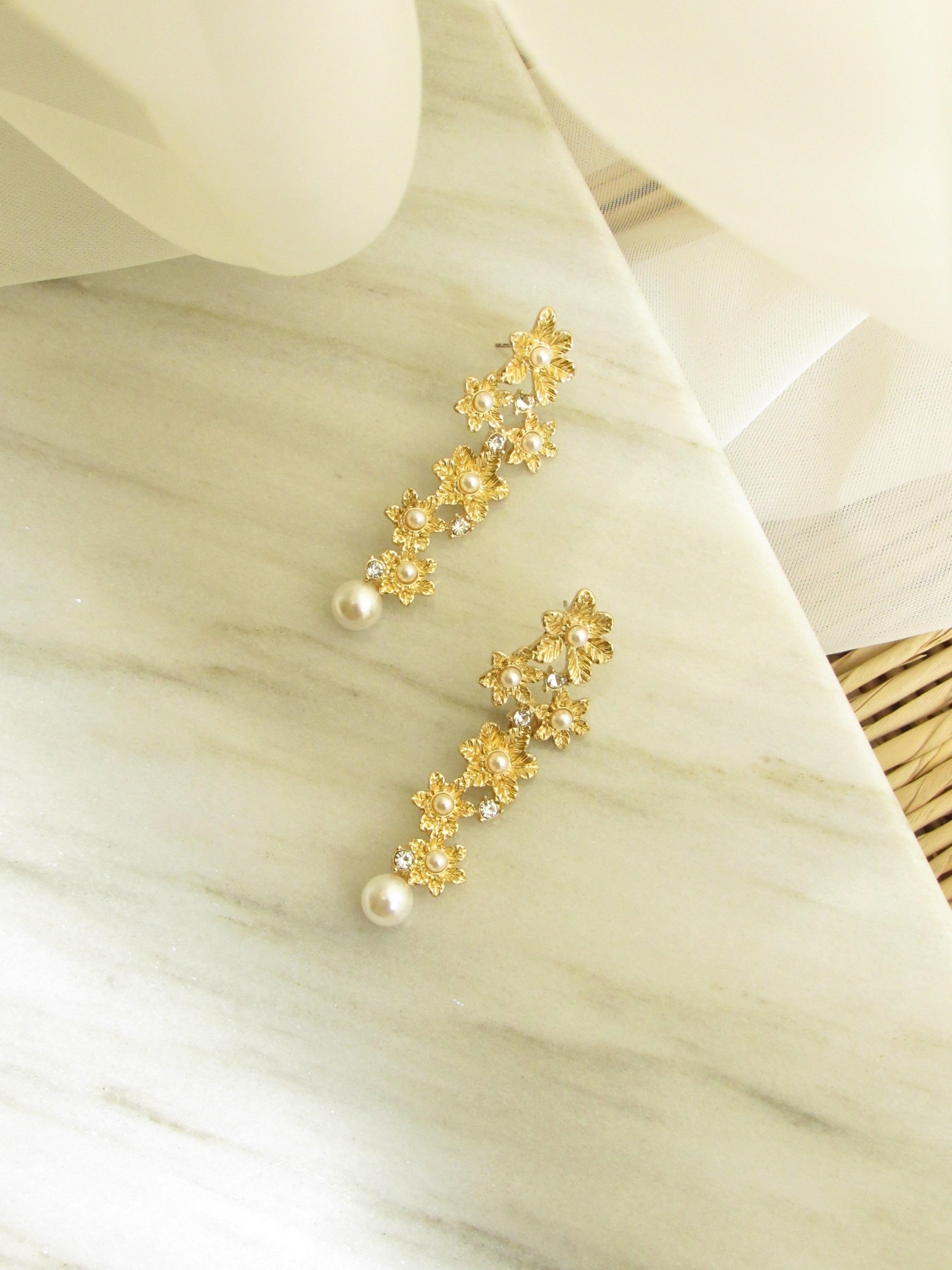 Floral Bunch Pearl Drop Earrings in Gold