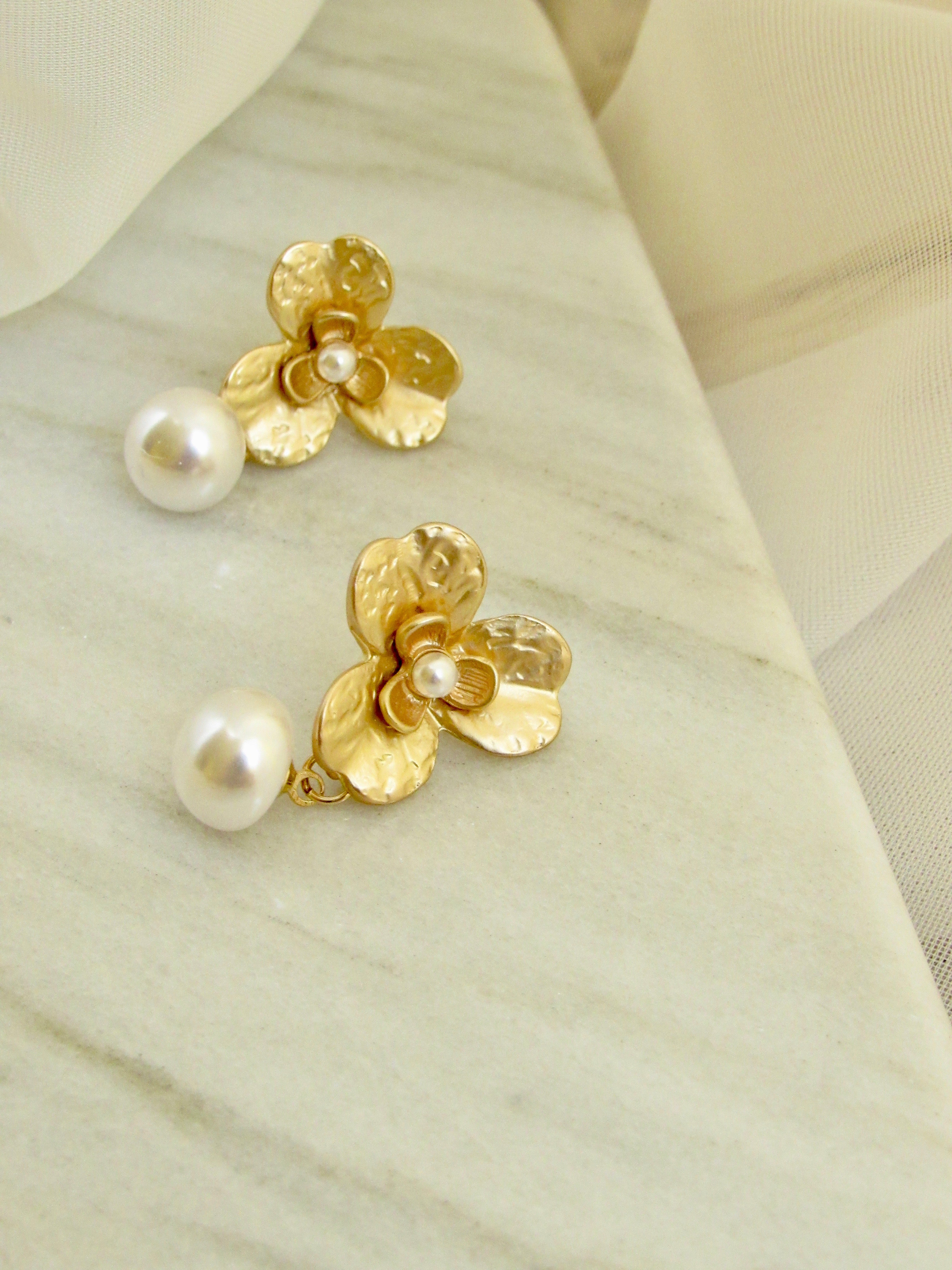 Floral Pearl Gold Drop Earrings
